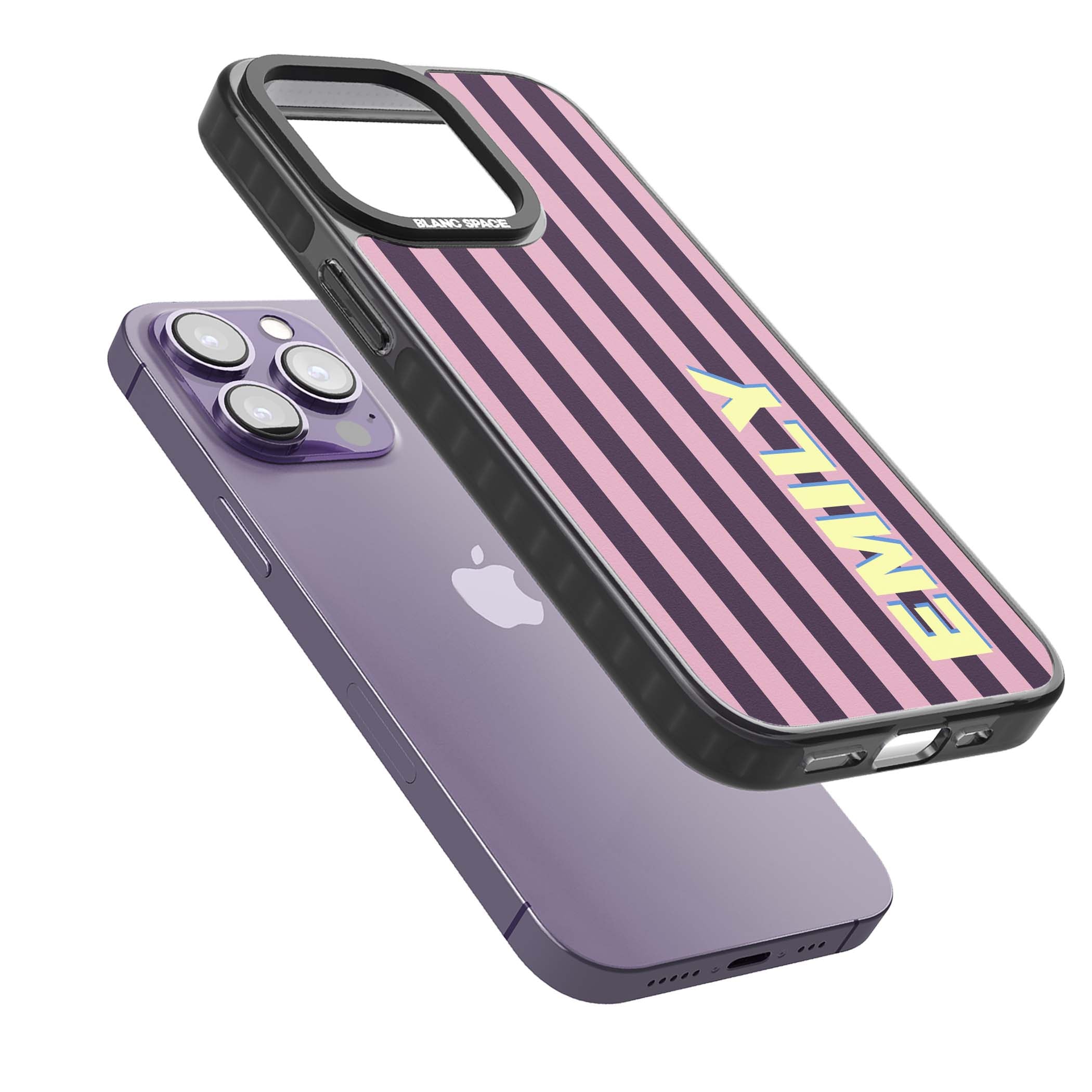 Tyre Stripe personalised stripe iPhone case with plum and pink vertical stripes and custom yellow name | Black Impact case for iPhone 13 Pro, iPhone 14 Pro, iPhone 15 Pro