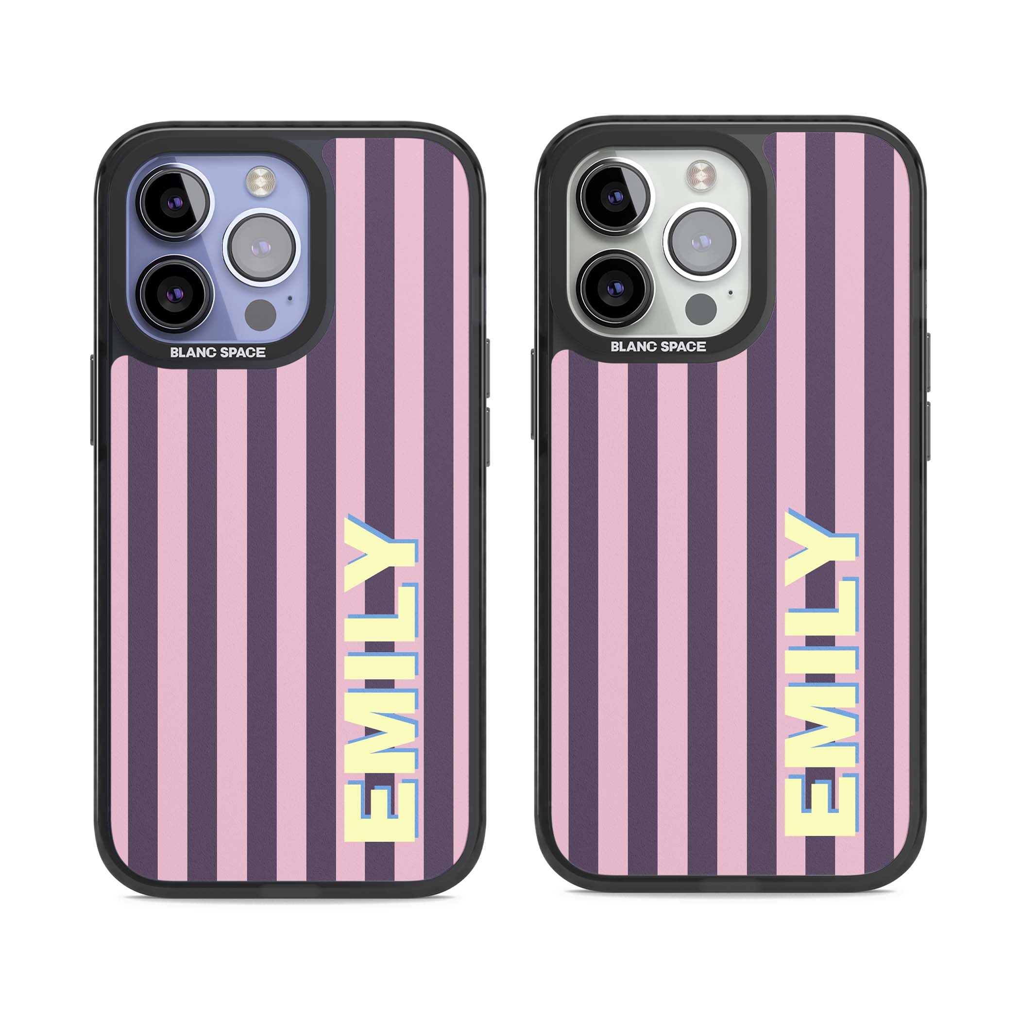 Tyre Stripe personalised stripe iPhone case with plum and pink vertical stripes and custom yellow name | Black Impact case for iPhone 13 Pro, iPhone 14 Pro, iPhone 15 Pro