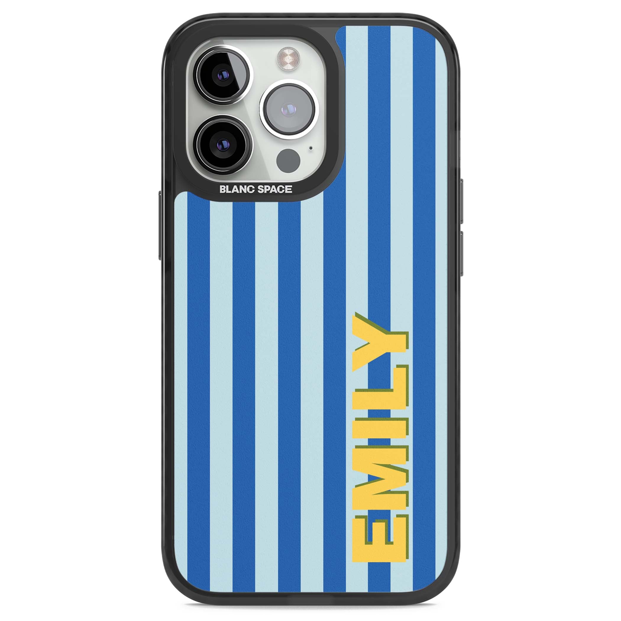 Athenian Stripe personalised preppy iPhone case featuring blue vertical stripes and a custom yellow name | Black Impact case for iPhone 13 Pro, iPhone 14 Pro, iPhone 15 Pro