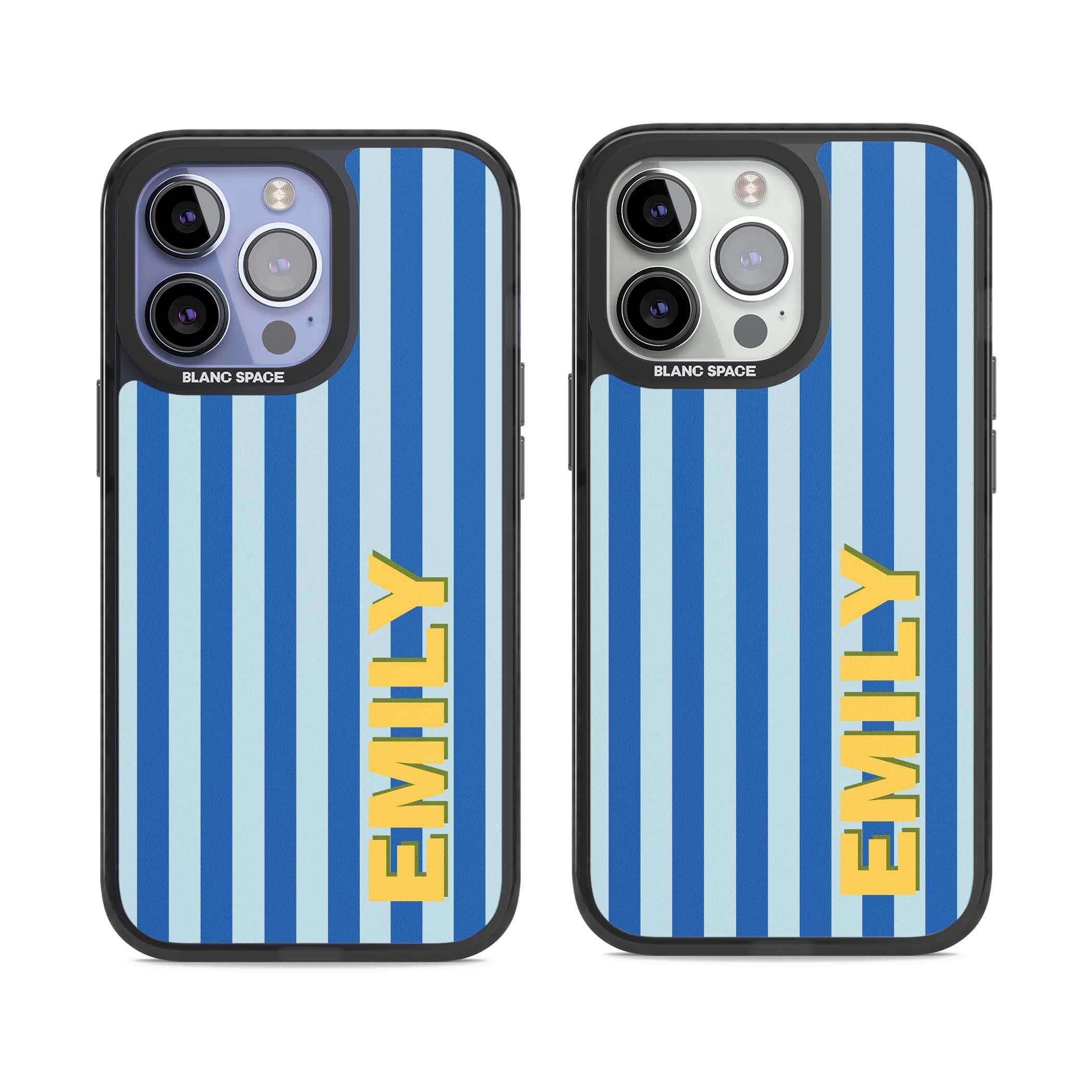 Athenian Stripe personalised preppy iPhone case featuring blue vertical stripes and a custom yellow name | Black Impact case for iPhone 13 Pro, iPhone 14 Pro, iPhone 15 Pro