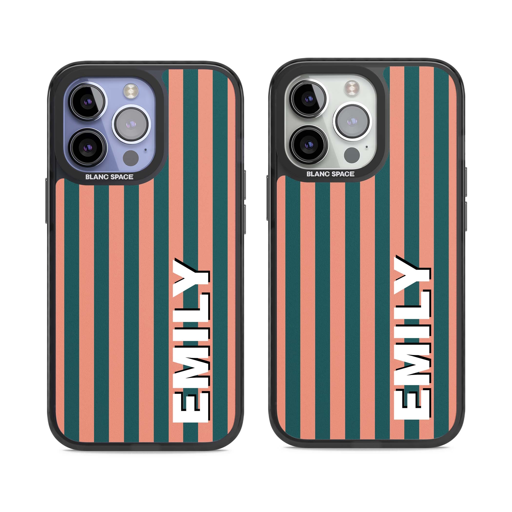 Tuscan Stripe personalised iPhone case featuring coral and green vertical stripes with bold custom name | Black Impact case for iPhone 13 Pro, iPhone 14 Pro, iPhone 15 Pro