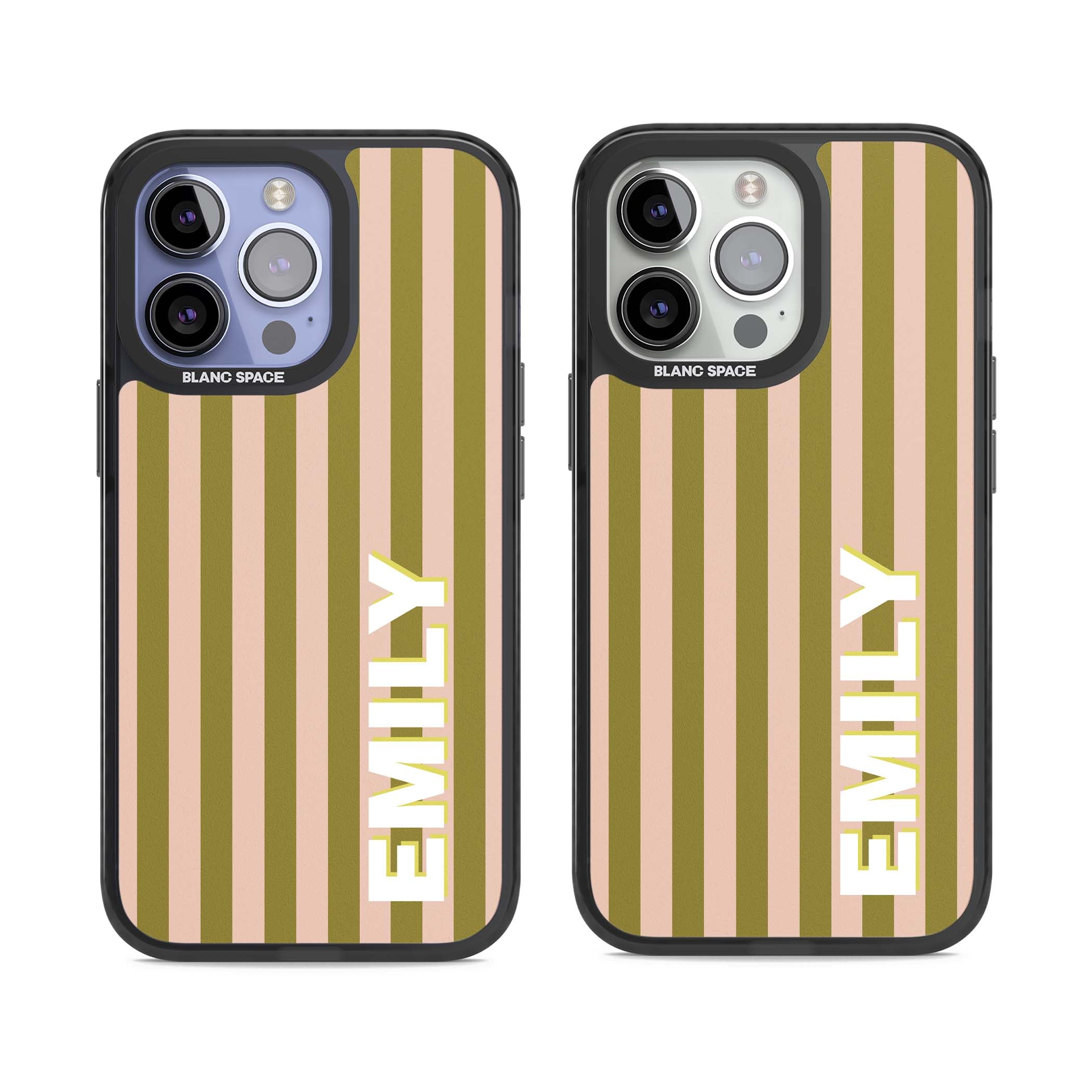 Indian Stripe personalised iPhone case featuring olive green and blush pink vertical stripes with custom name in whit | Black Impact case for iPhone 13 Pro, iPhone 14 Pro, iPhone 15 Pro