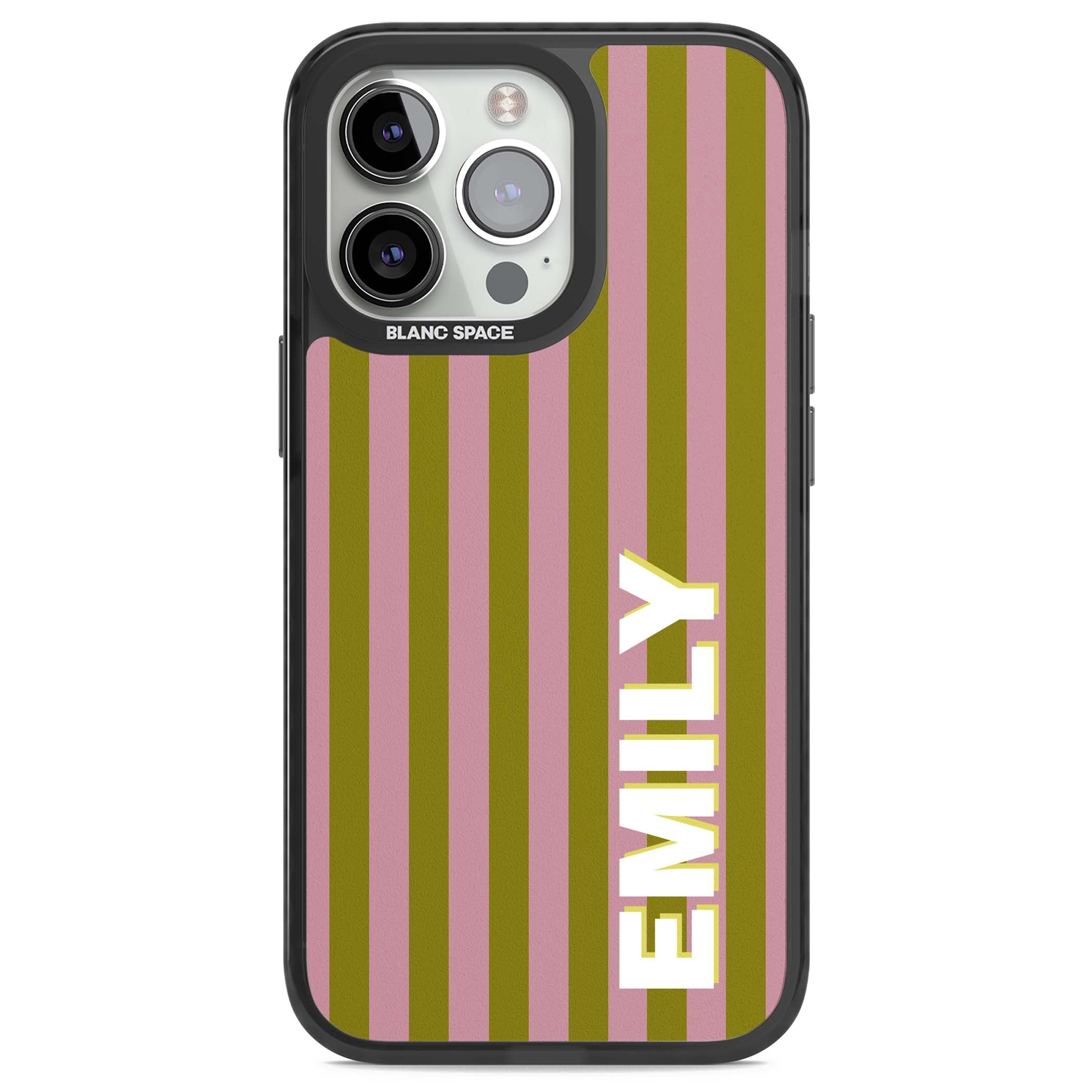 Istanbul Stripe personalised iPhone case featuring pink and olive green vertical stripes with a custom vertical name | Black Impact case for iPhone 13 Pro, iPhone 14 Pro, iPhone 15 Pro