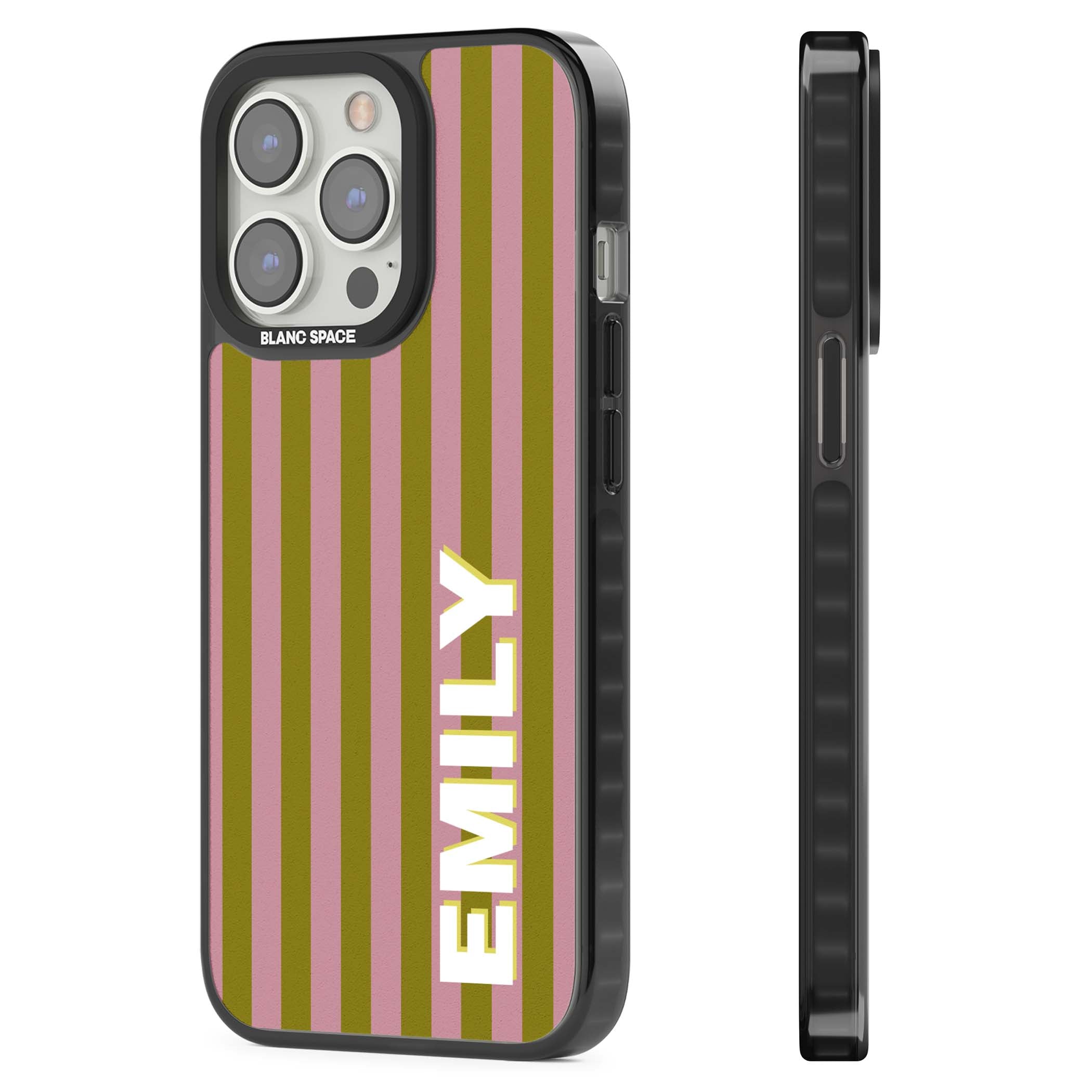 Istanbul Stripe personalised iPhone case featuring pink and olive green vertical stripes with a custom vertical name | Black Impact case for iPhone 13 Pro, iPhone 14 Pro, iPhone 15 Pro