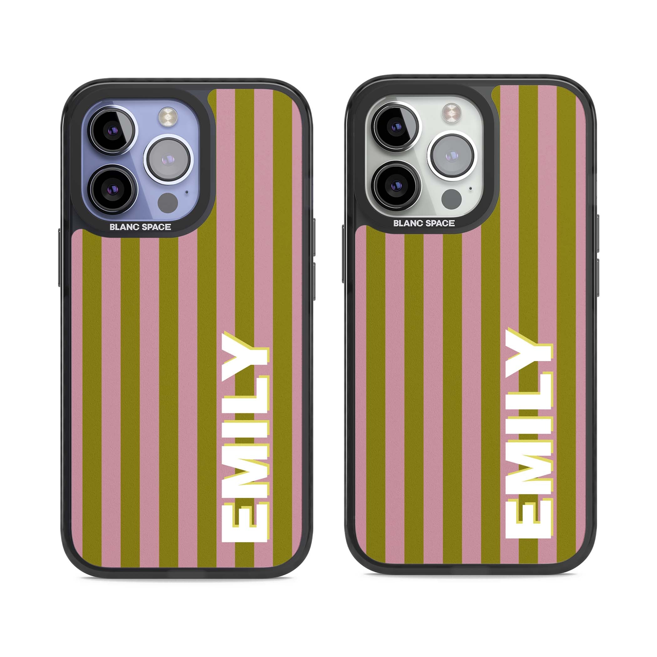 Istanbul Stripe personalised iPhone case featuring pink and olive green vertical stripes with a custom vertical name | Black Impact case for iPhone 13 Pro, iPhone 14 Pro, iPhone 15 Pro