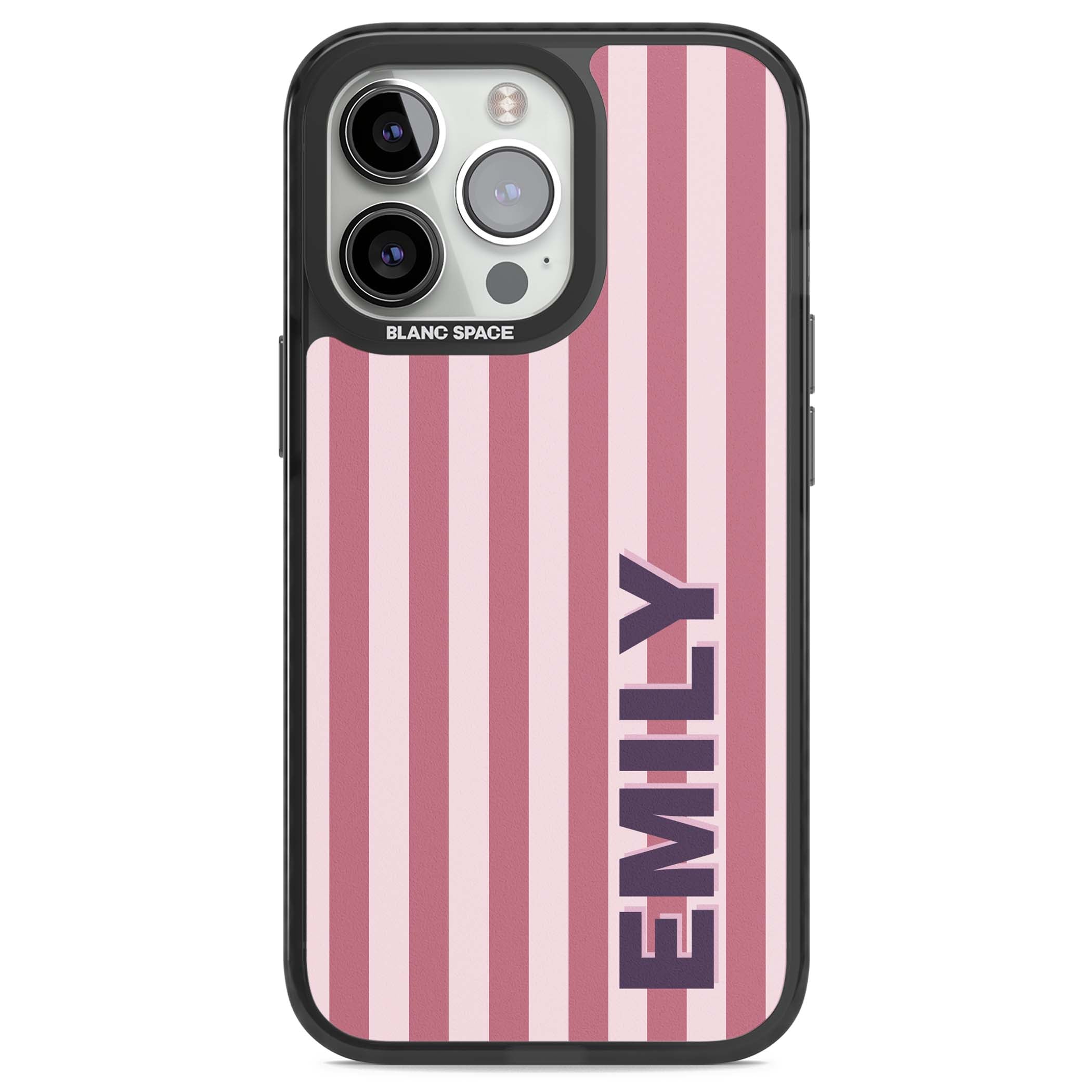 Victoria Stripe personalised iPhone case featuring pink vertical stripes and custom name in bold plum lettering | Black Impact case for iPhone 13 Pro, iPhone 14 Pro, iPhone 15 Pro