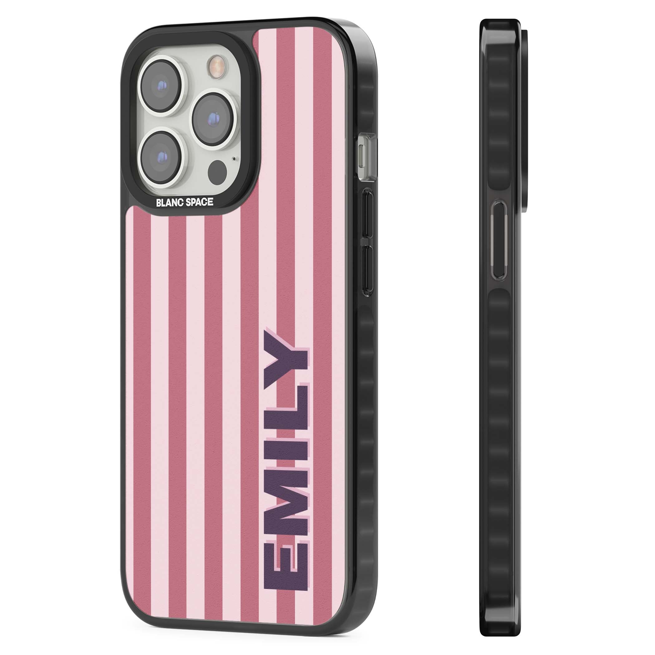 Victoria Stripe personalised iPhone case featuring pink vertical stripes and custom name in bold plum lettering | Black Impact case for iPhone 13 Pro, iPhone 14 Pro, iPhone 15 Pro