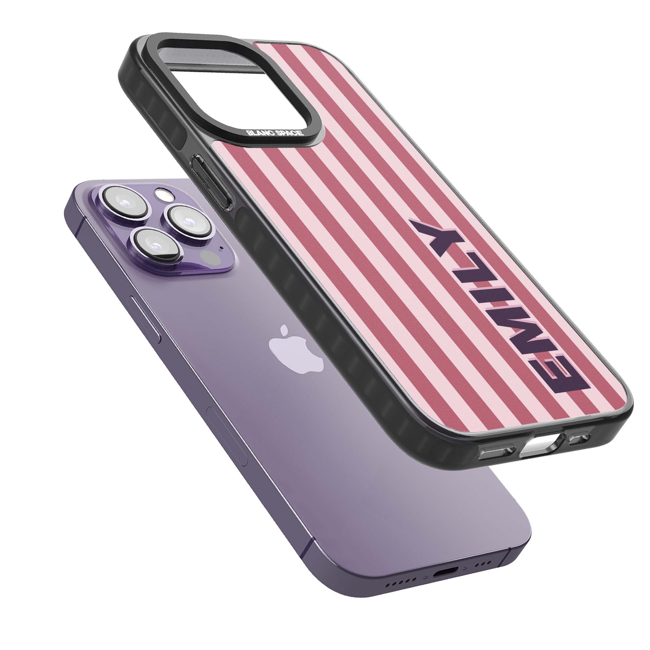 Victoria Stripe personalised iPhone case featuring pink vertical stripes and custom name in bold plum lettering | Black Impact case for iPhone 13 Pro, iPhone 14 Pro, iPhone 15 Pro