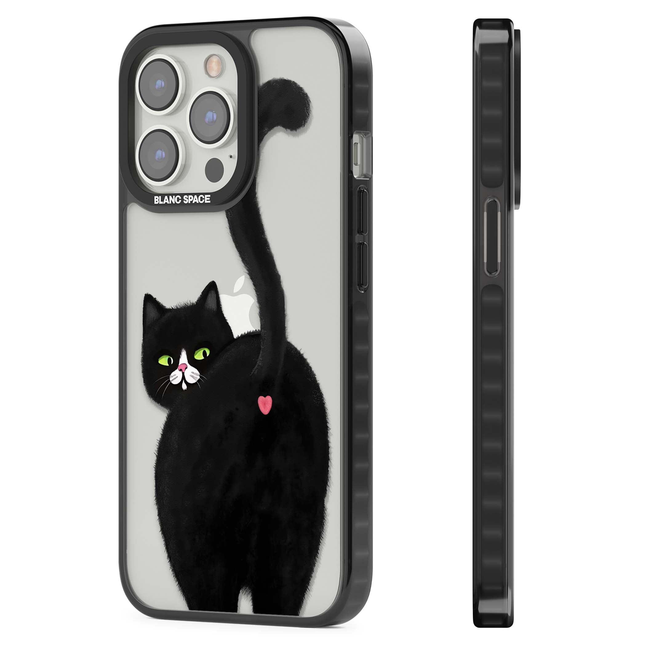 The Cat's Kiss cute cat iPhone case featuring a hand-painted tuxedo kitty with green eyes and a pink heart on a clear  | Black Impact case for iPhone 13 Pro, iPhone 14 Pro, iPhone 15 Pro
