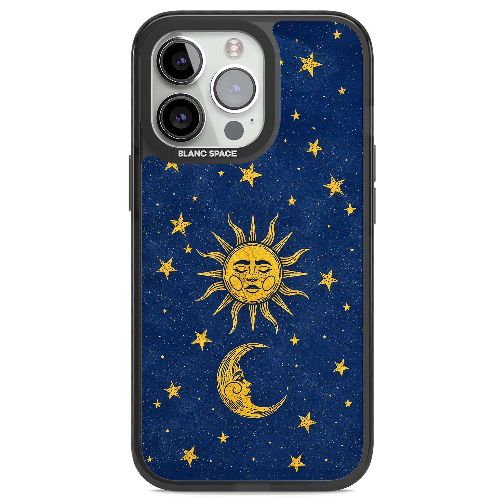 Sun & Moon Reverie celestial iPhone case featuring a vintage golden sun, crescent moon and scattered stars on midnight blue | Black Impact case for iPhone 13 Pro, iPhone 14 Pro, iPhone 15 Pro