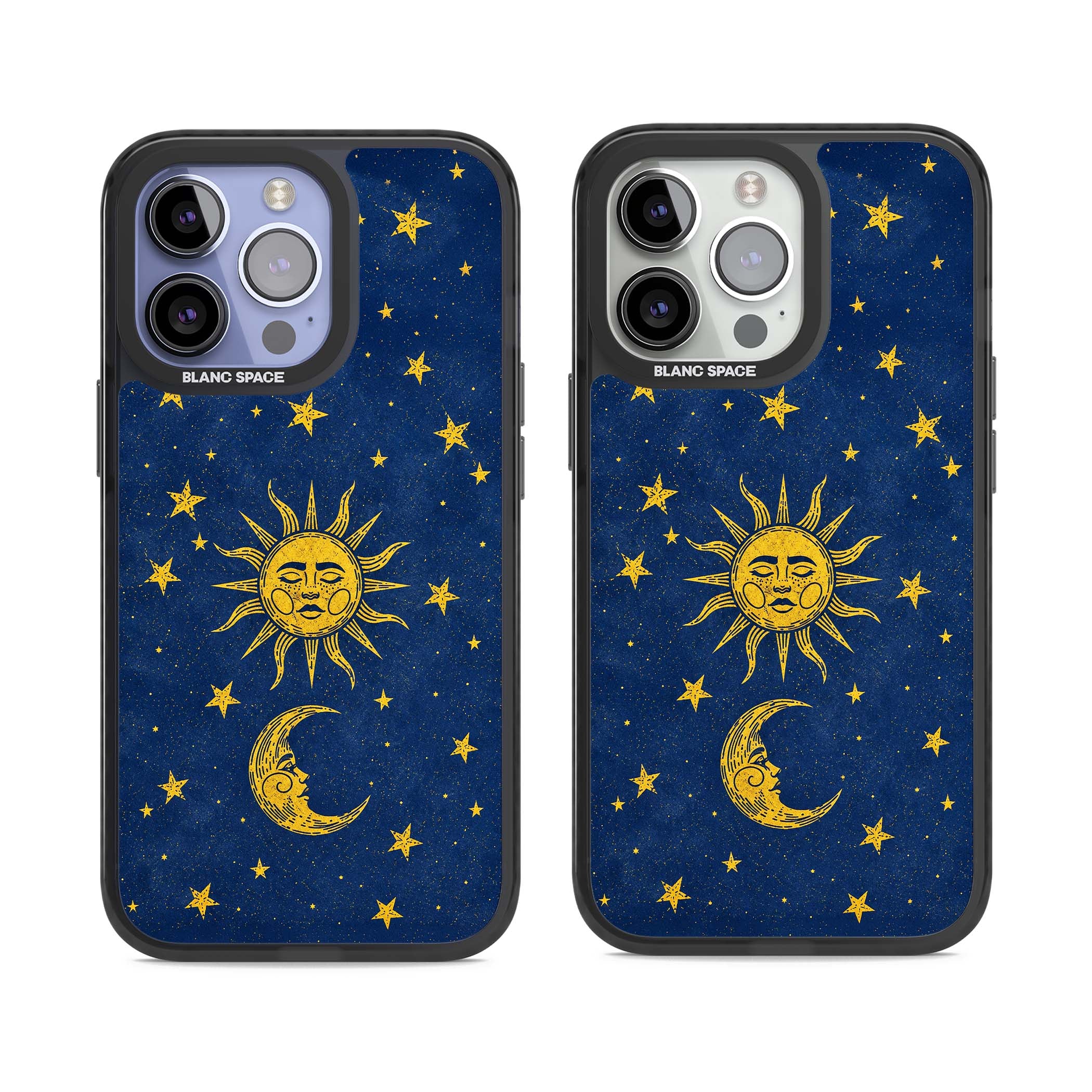 Sun & Moon Reverie celestial iPhone case featuring a vintage golden sun, crescent moon and scattered stars on midnight blue | Black Impact case for iPhone 13 Pro, iPhone 14 Pro, iPhone 15 Pro