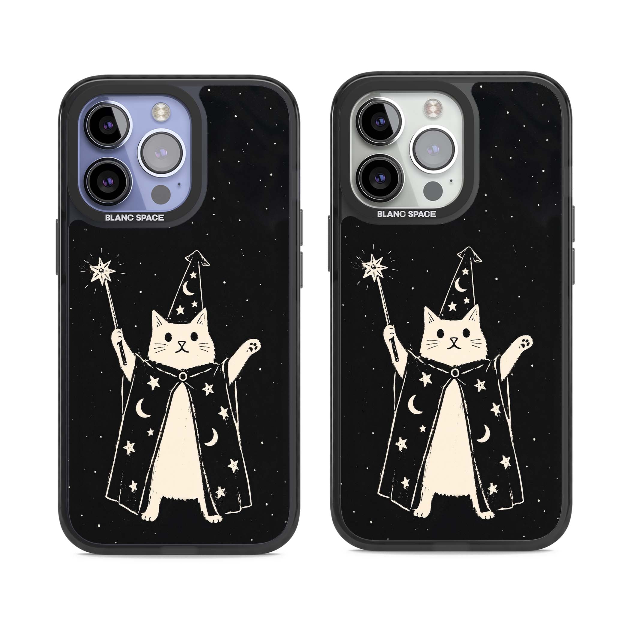 Whisker Wizard celestial cat iPhone case featuring a wizard cat with magic wand, starry night sky and crescent moons | Black Impact case for iPhone 13 Pro, iPhone 14 Pro, iPhone 15 Pro