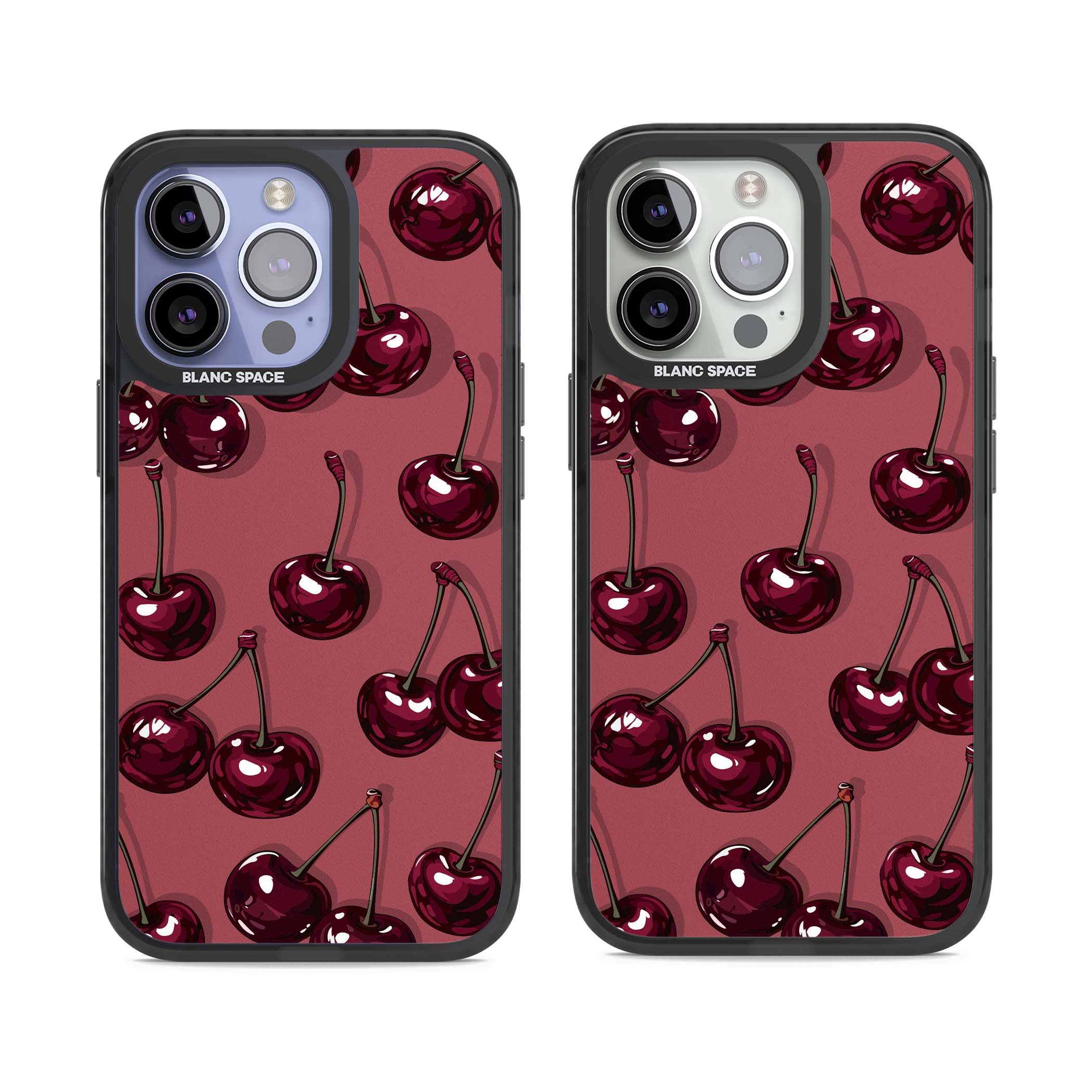 Cherry Rebel coquette iPhone case featuring glossy burgundy cherries on a dusty rose background | Black Impact case for iPhone 13 Pro, iPhone 14 Pro, iPhone 15 Pro