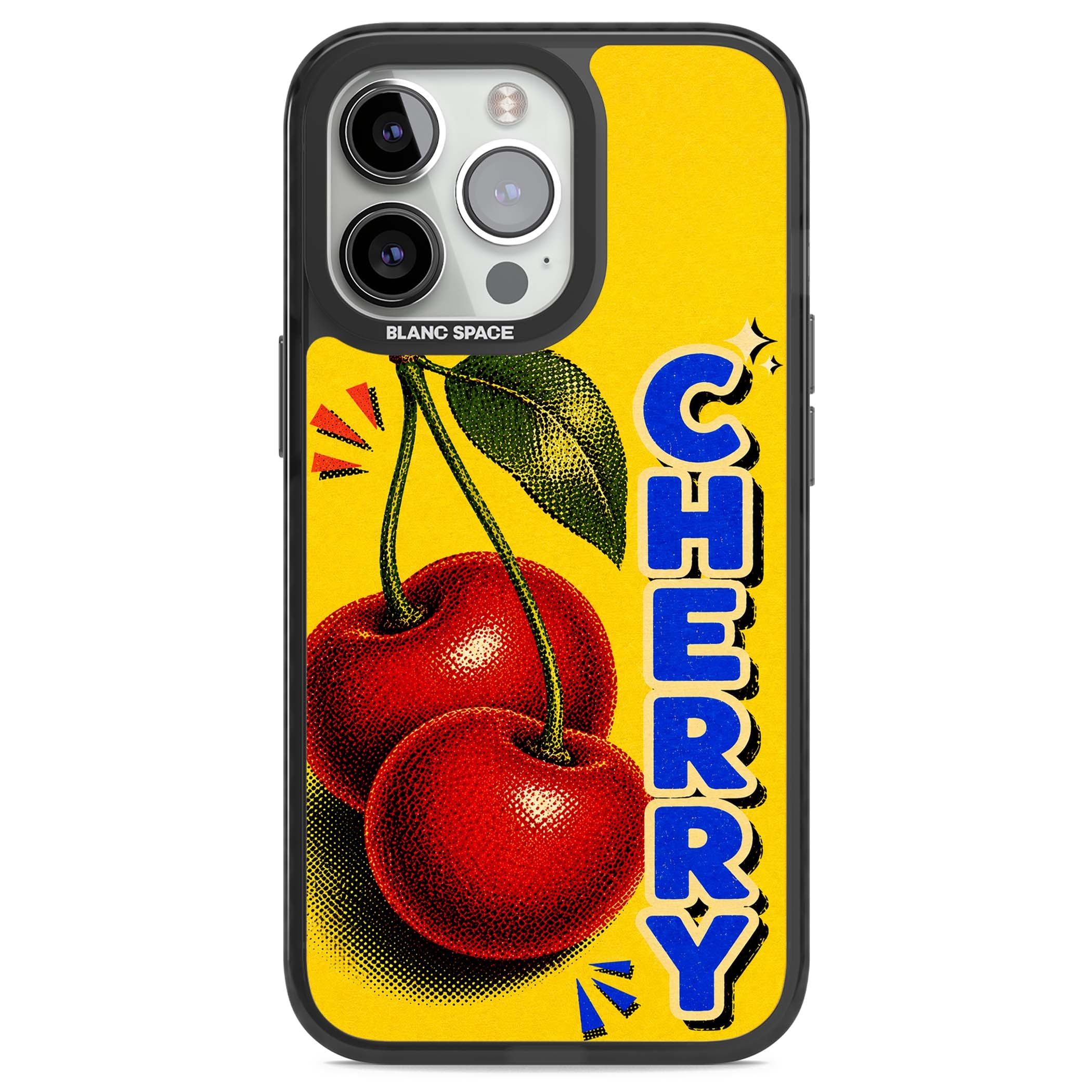 Cherry Yellow y2k iPhone case featuring two red cherries, halftone shading and bold blue CHERRY lettering on yellow | Black Impact case for iPhone 13 Pro, iPhone 14 Pro, iPhone 15 Pro