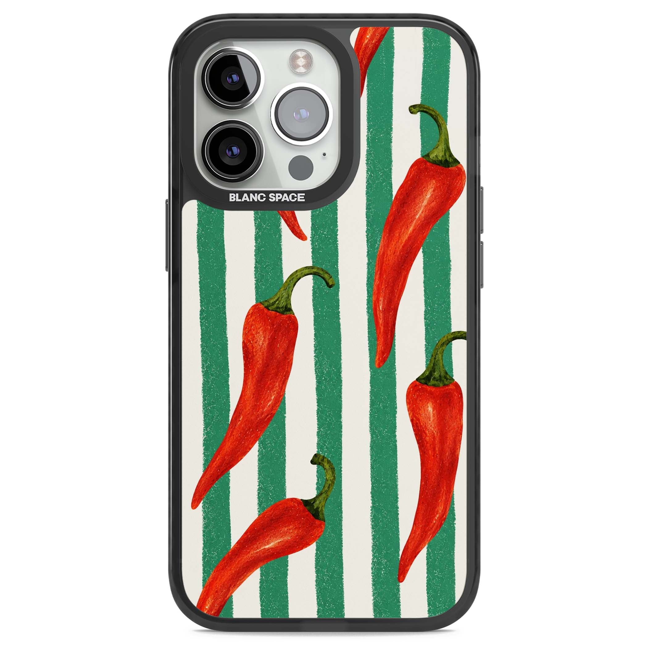 Striped Chillis coastal iPhone case featuring hand-painted red chili peppers on green and cream stripes | Black Impact case for iPhone 13 Pro, iPhone 14 Pro, iPhone 15 Pro