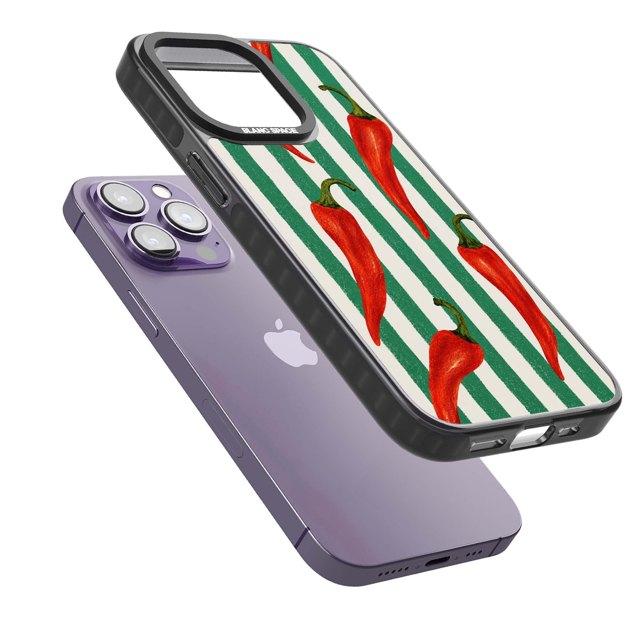 Striped Chillis coastal iPhone case featuring hand-painted red chili peppers on green and cream stripes | Black Impact case for iPhone 13 Pro, iPhone 14 Pro, iPhone 15 Pro