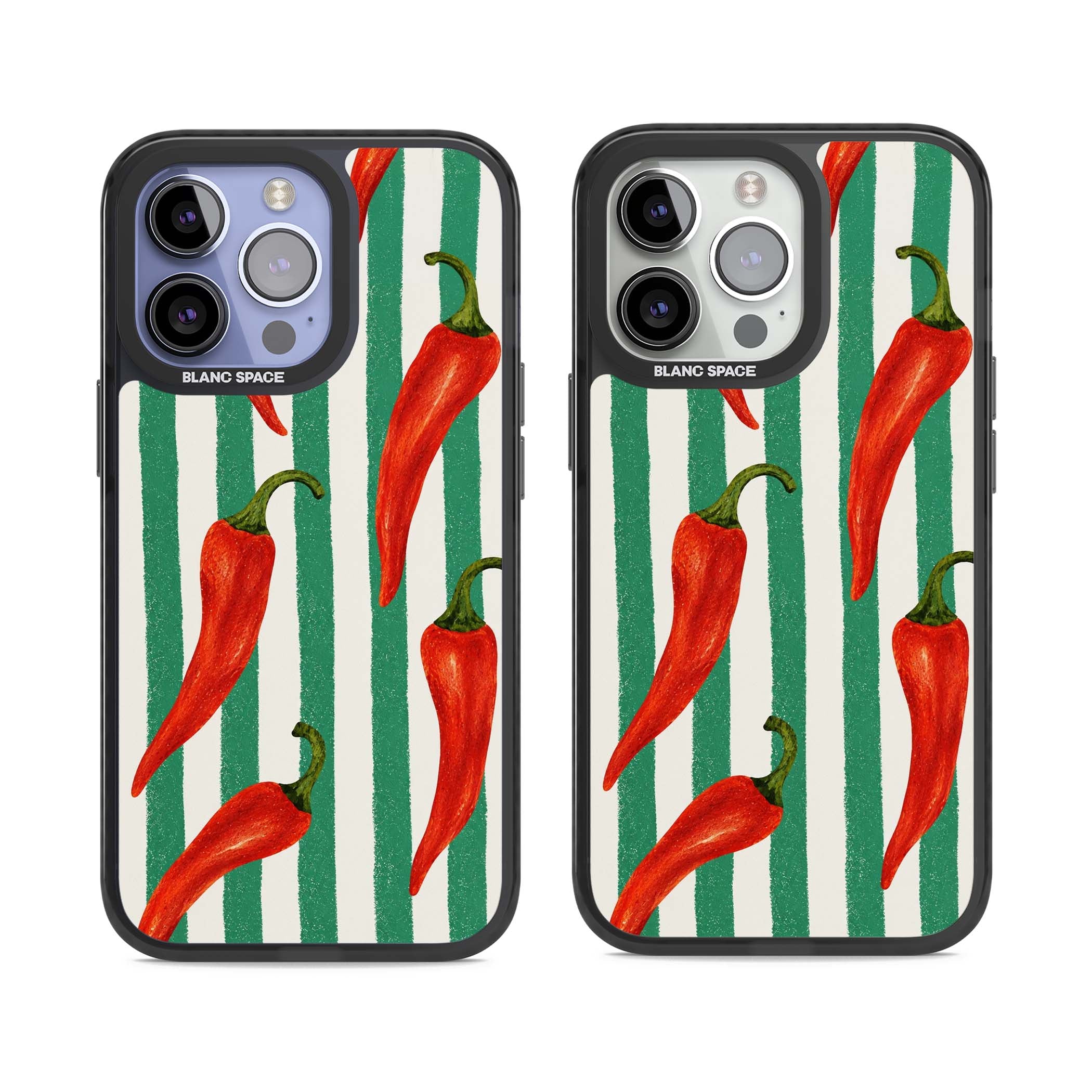 Striped Chillis coastal iPhone case featuring hand-painted red chili peppers on green and cream stripes | Black Impact case for iPhone 13 Pro, iPhone 14 Pro, iPhone 15 Pro