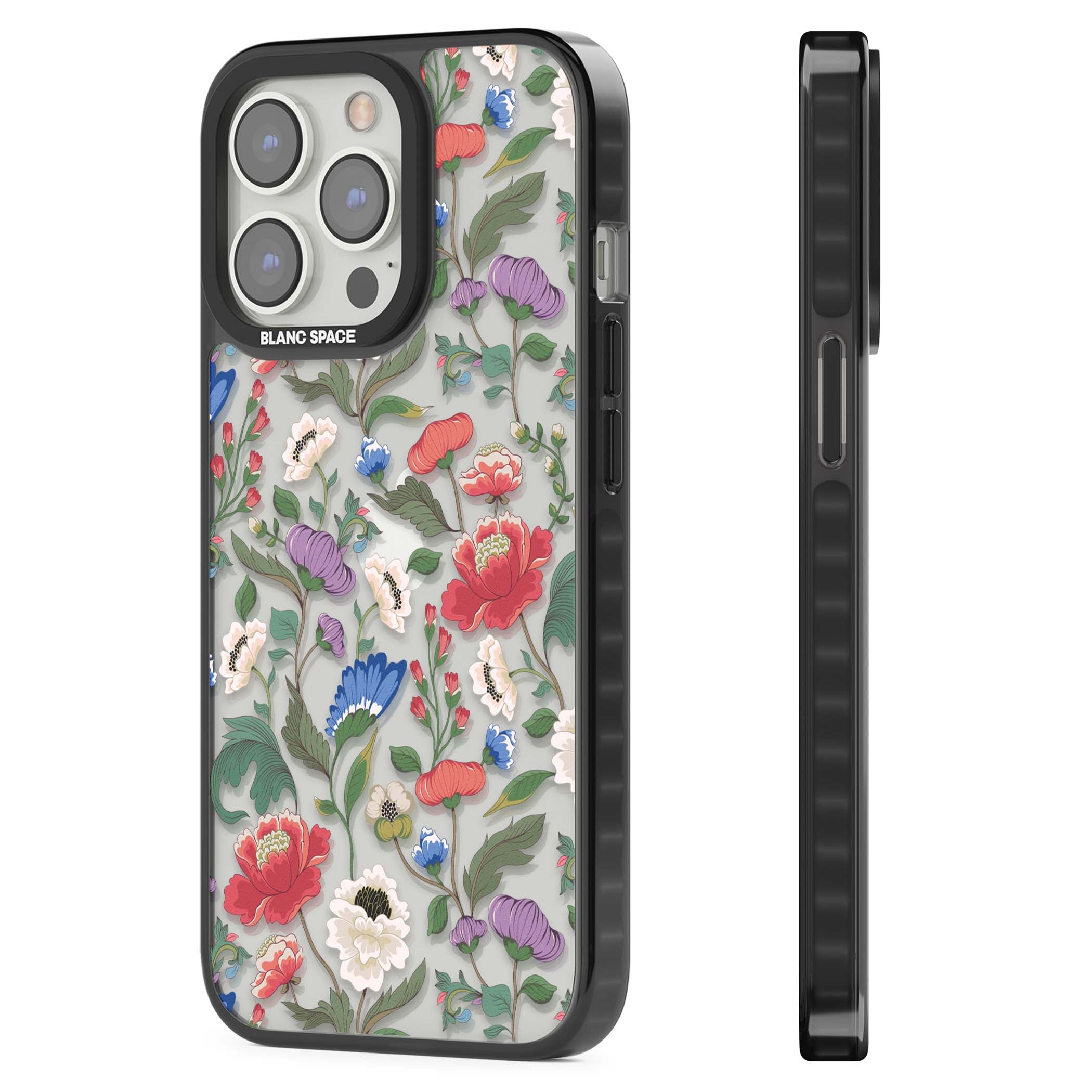 Chinoiserie Bloom vintage floral iPhone case featuring hand-painted peonies, poppies and trailing wildflowers on clear... | Black Impact case for iPhone 13 Pro, iPhone 14 Pro, iPhone 15 Pro