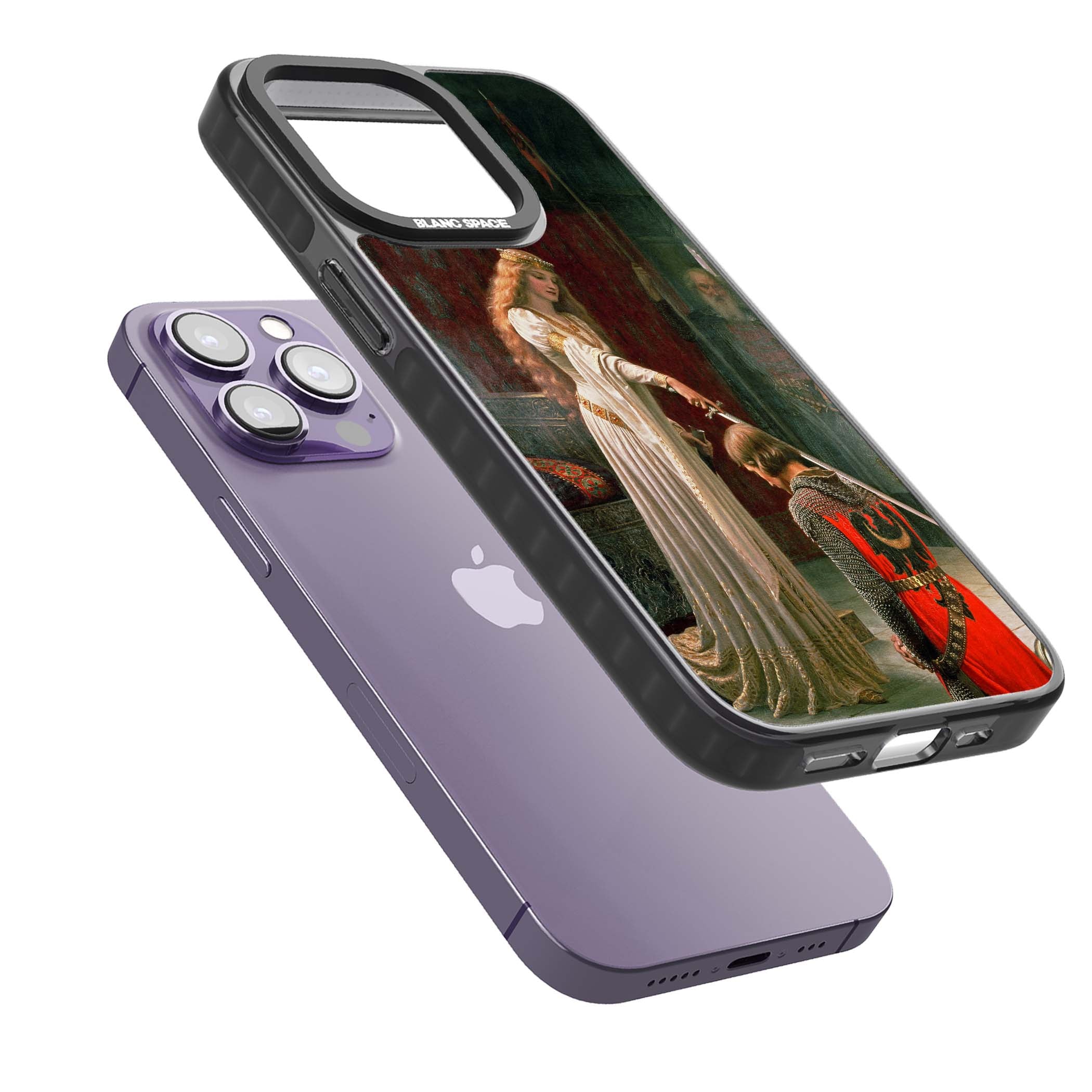 The Accolade renaissance art iPhone case featuring Edmund Blair Leighton's painting of a queen knighting a kneeling knight | Black Impact case for iPhone 13 Pro, iPhone 14 Pro, iPhone 15 Pro