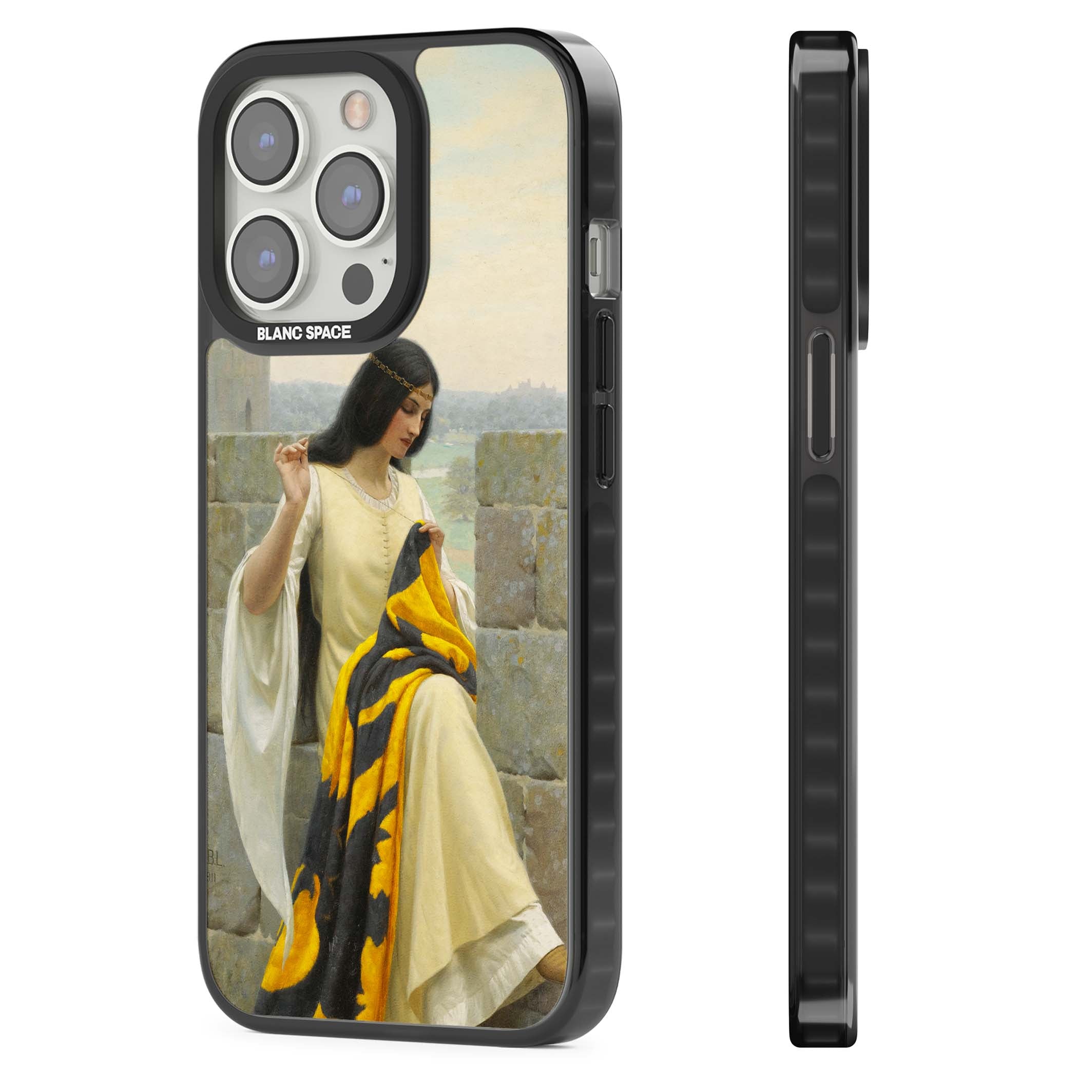 Stitching the Standard renaissance art iPhone case featuring a medieval lady sewing a golden banner on a castle wall | Black Impact case for iPhone 13 Pro, iPhone 14 Pro, iPhone 15 Pro