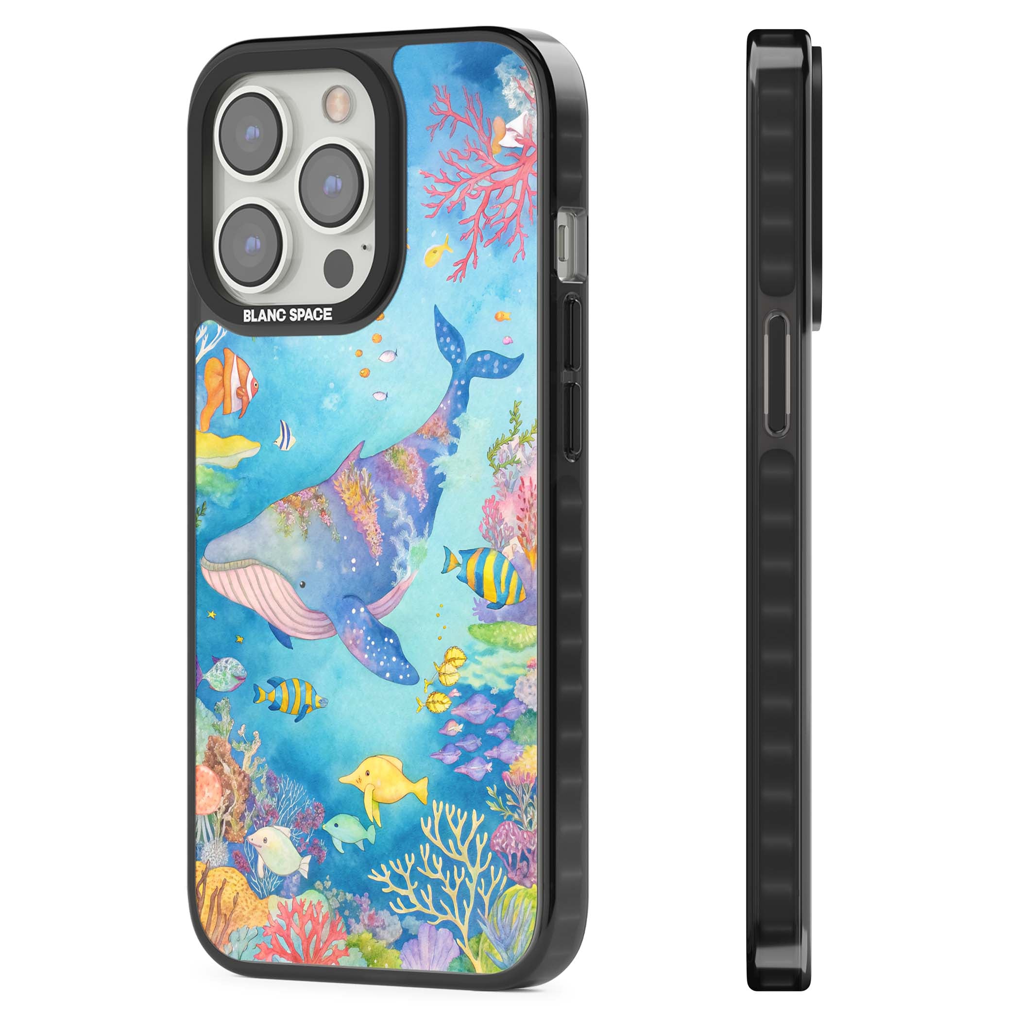 Coral Lagoon ocean iPhone case featuring a watercolour whale, coral reef and tropical fish | Black Impact case for iPhone 13 Pro, iPhone 14 Pro, iPhone 15 Pro