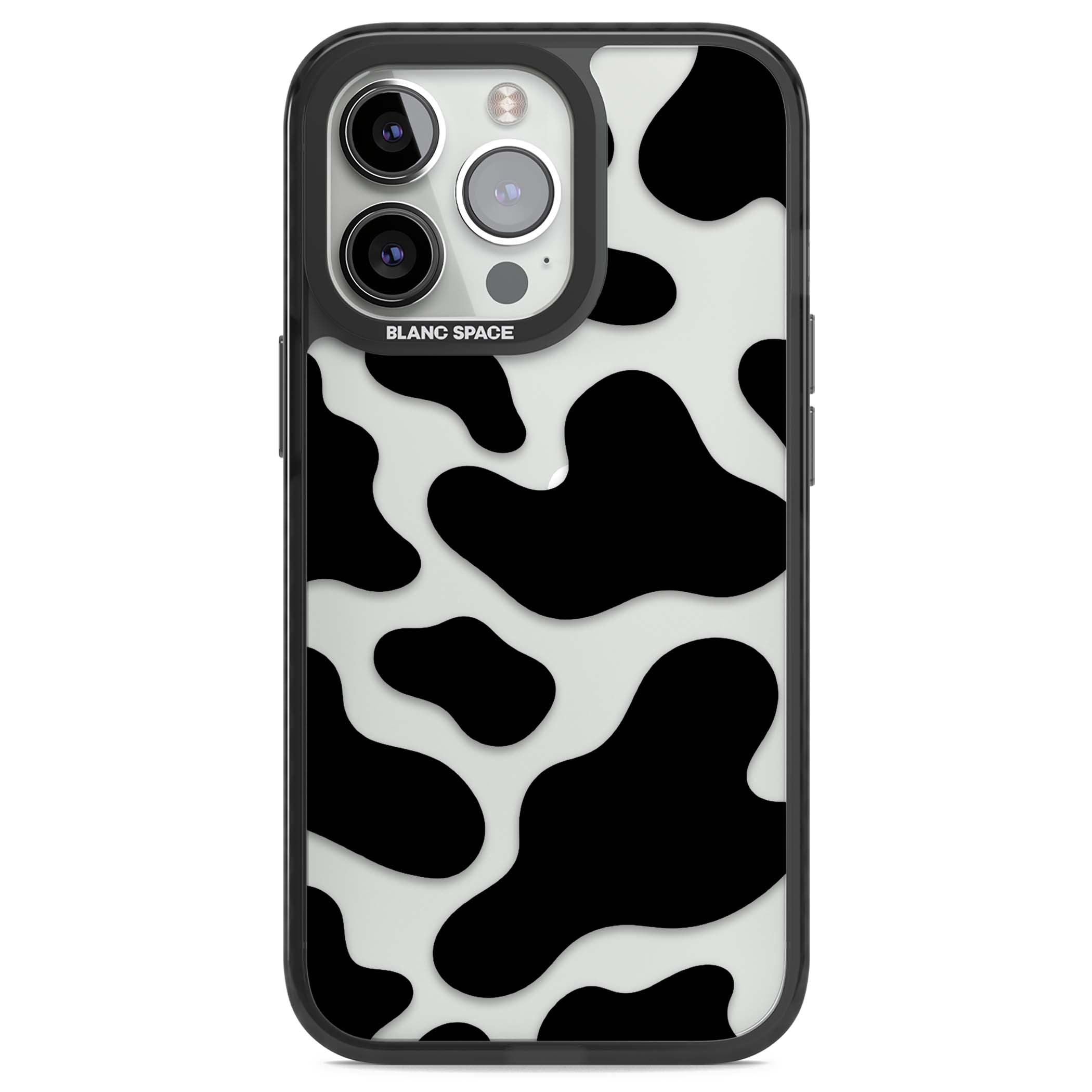 Clear Cow Print cow print iPhone case featuring black and white cow pattern splotches on a clear background | Black Impact case for iPhone 13 Pro, iPhone 14 Pro, iPhone 15 Pro