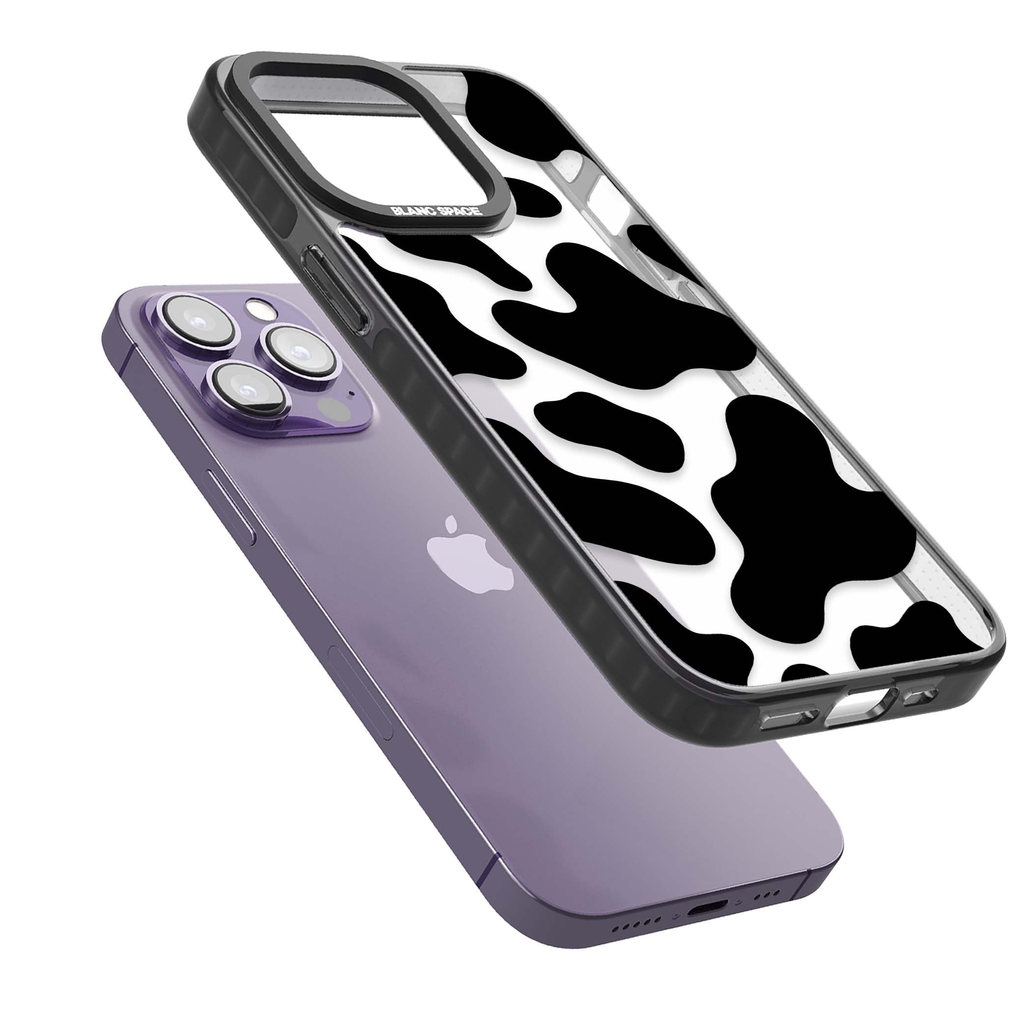 Clear Cow Print cow print iPhone case featuring black and white cow pattern splotches on a clear background | Black Impact case for iPhone 13 Pro, iPhone 14 Pro, iPhone 15 Pro