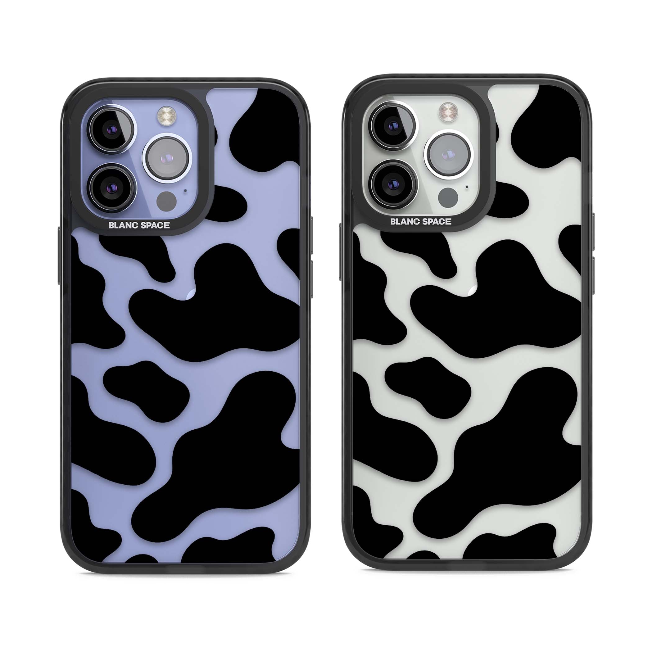 Clear Cow Print cow print iPhone case featuring black and white cow pattern splotches on a clear background | Black Impact case for iPhone 13 Pro, iPhone 14 Pro, iPhone 15 Pro