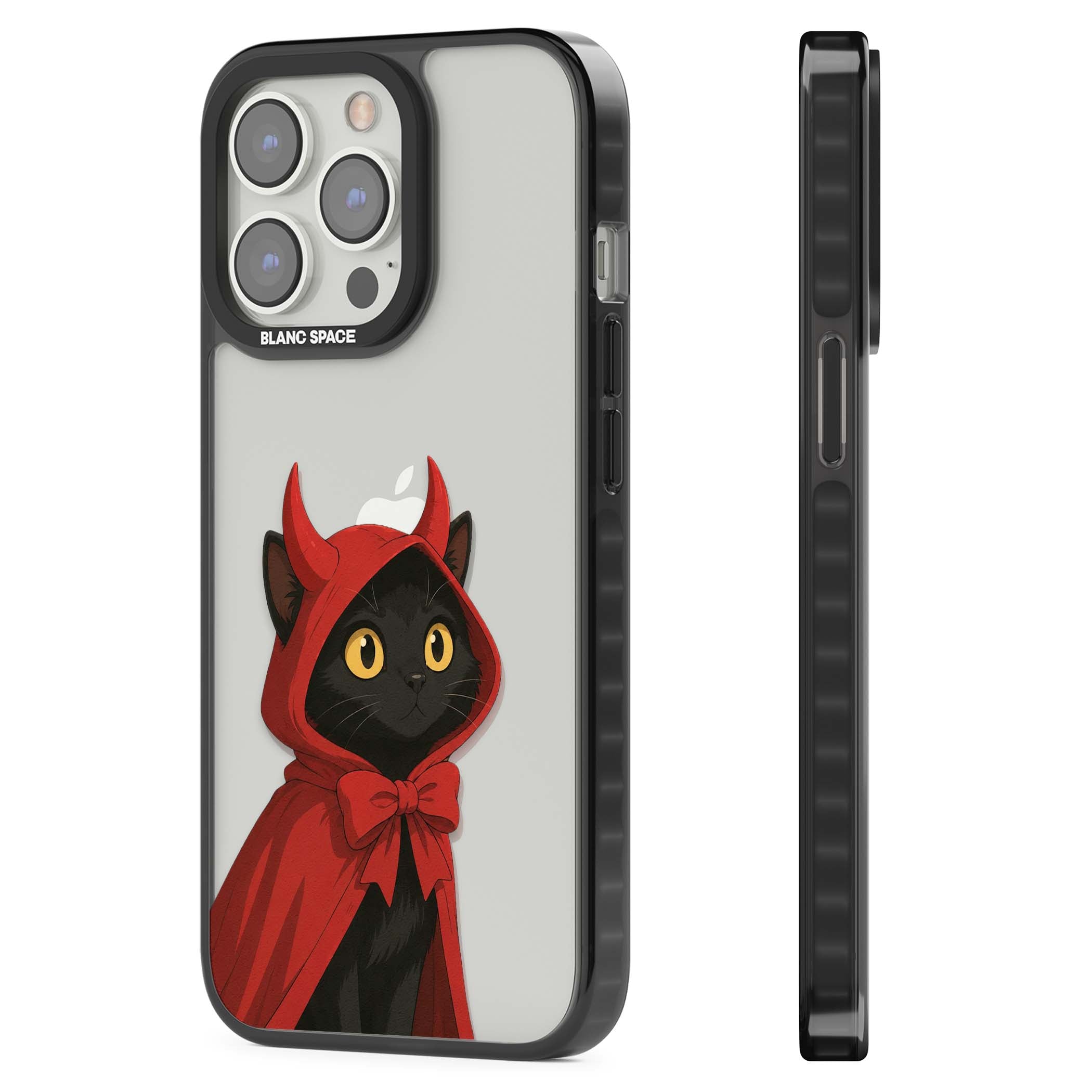 Little Devil halloween iPhone case featuring a black cat in a red hooded devil cloak with horns and golden eyes | Black Impact case for iPhone 13 Pro, iPhone 14 Pro, iPhone 15 Pro