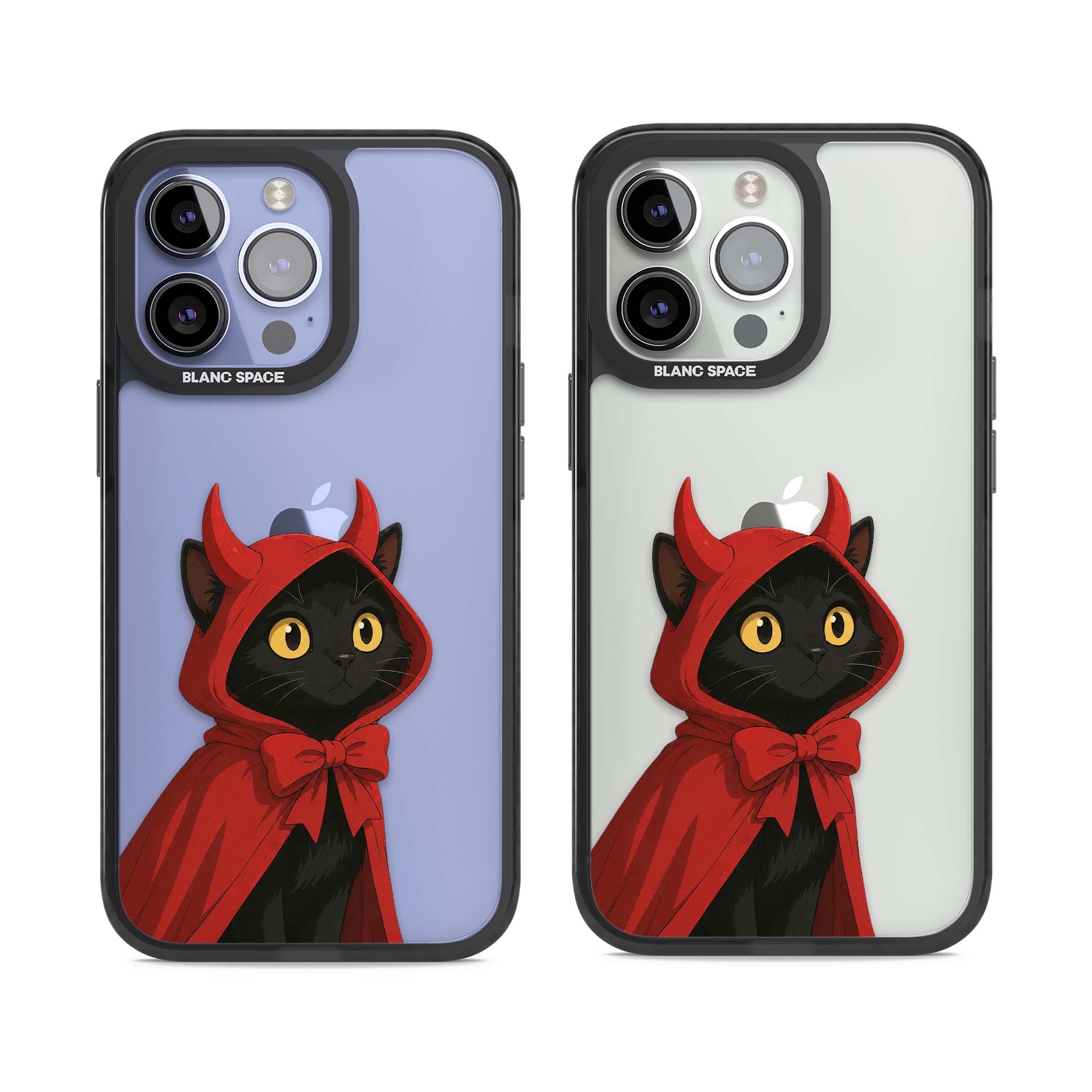 Little Devil halloween iPhone case featuring a black cat in a red hooded devil cloak with horns and golden eyes | Black Impact case for iPhone 13 Pro, iPhone 14 Pro, iPhone 15 Pro