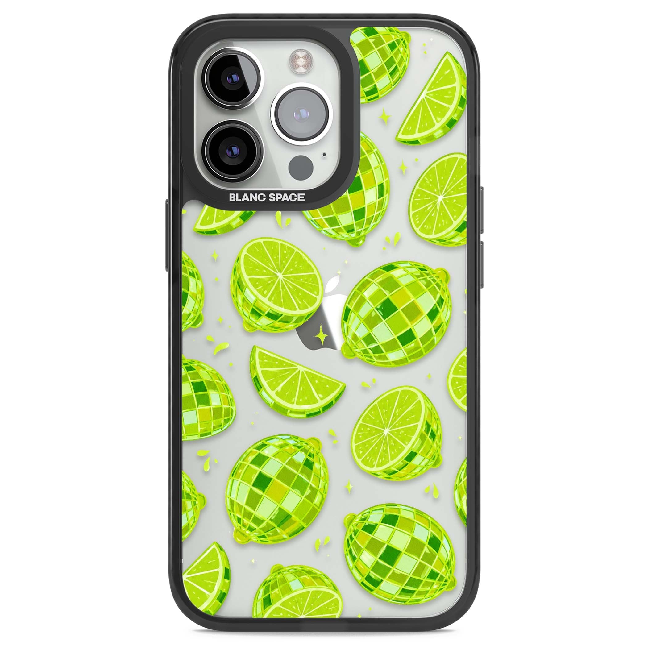 Disco Limes fruit aesthetic iPhone case featuring green disco balls, lime slices and citrus sparkles | Black Impact case for iPhone 13 Pro, iPhone 14 Pro, iPhone 15 Pro