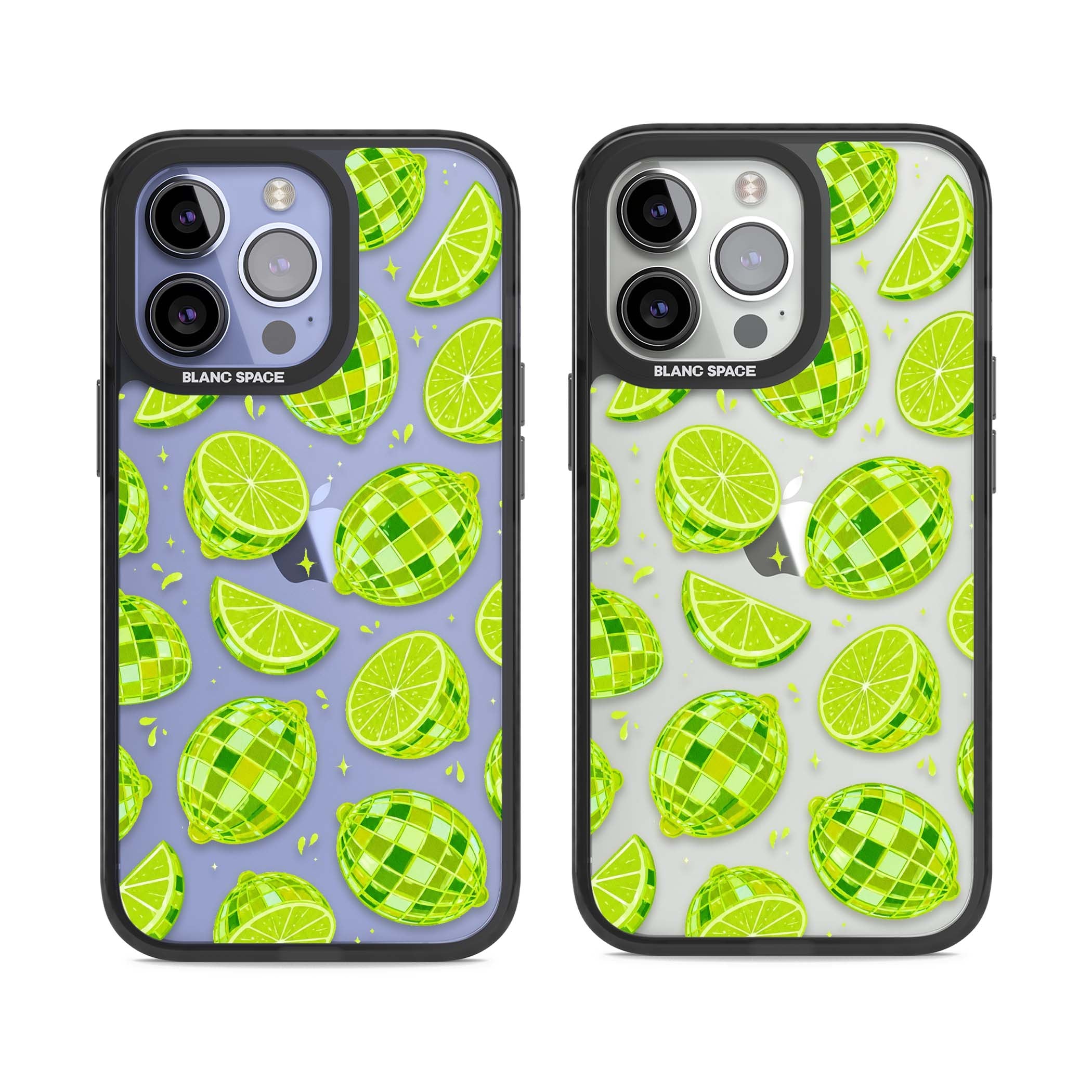 Disco Limes fruit aesthetic iPhone case featuring green disco balls, lime slices and citrus sparkles | Black Impact case for iPhone 13 Pro, iPhone 14 Pro, iPhone 15 Pro