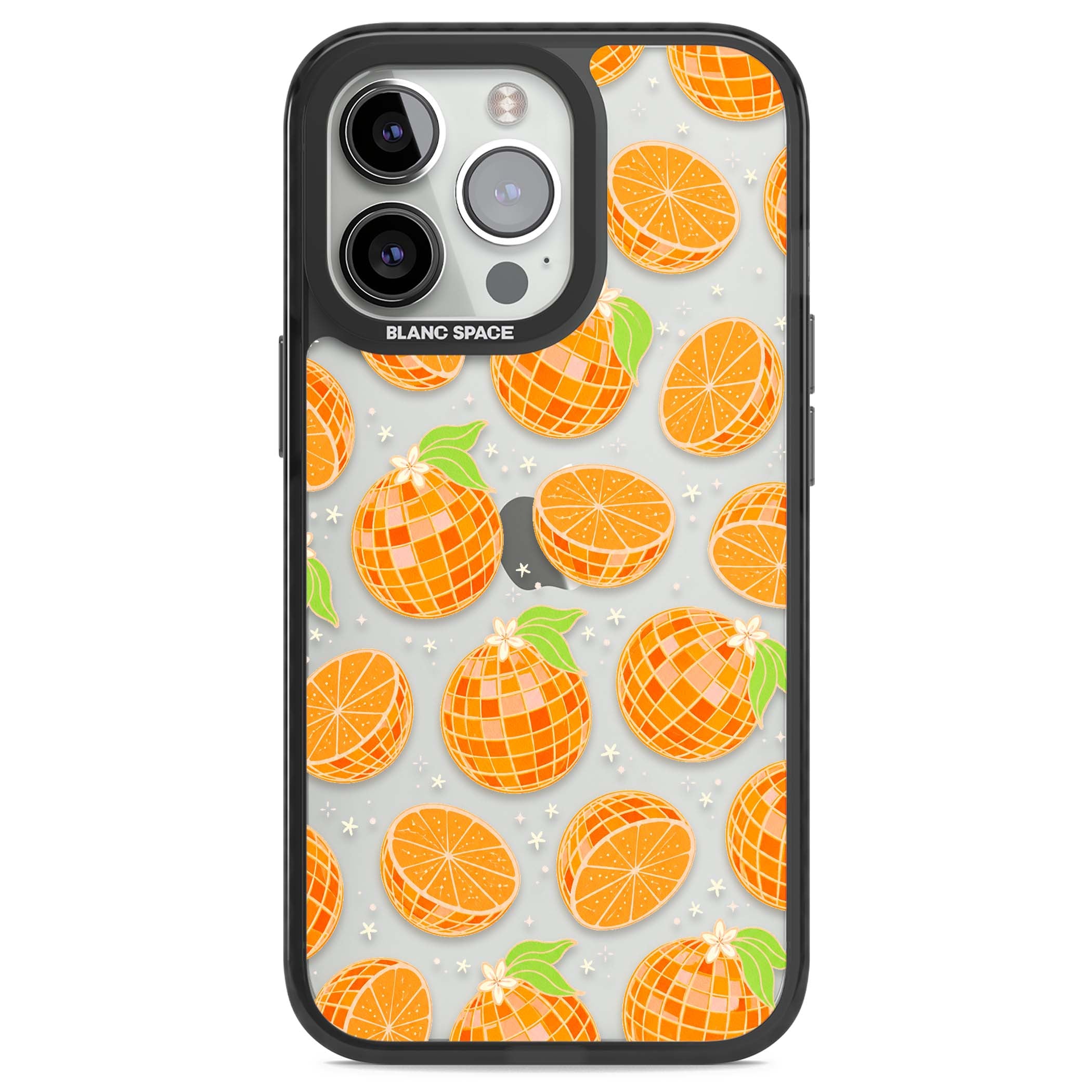 Disco Oranges retro iPhone case featuring mirrorball oranges, citrus slices and tiny blossoms on clear | Black Impact case for iPhone 13 Pro, iPhone 14 Pro, iPhone 15 Pro