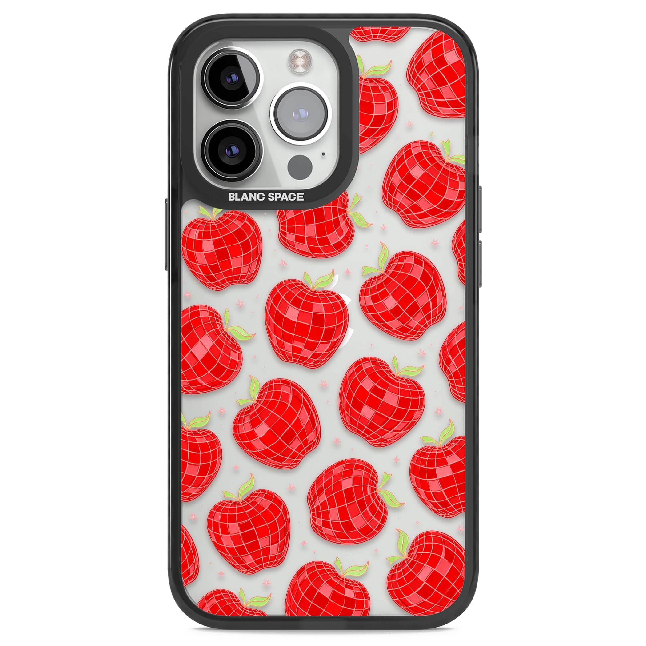Disco Apples Y2K iPhone case featuring red disco ball apples, green leaves and pink sparkles on clear | Black Impact case for iPhone 13 Pro, iPhone 14 Pro, iPhone 15 Pro