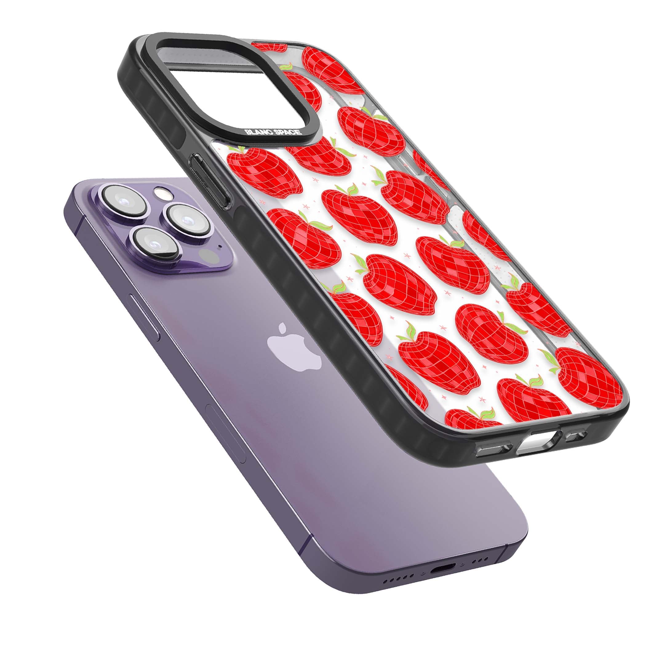 Disco Apples Y2K iPhone case featuring red disco ball apples, green leaves and pink sparkles on clear | Black Impact case for iPhone 13 Pro, iPhone 14 Pro, iPhone 15 Pro
