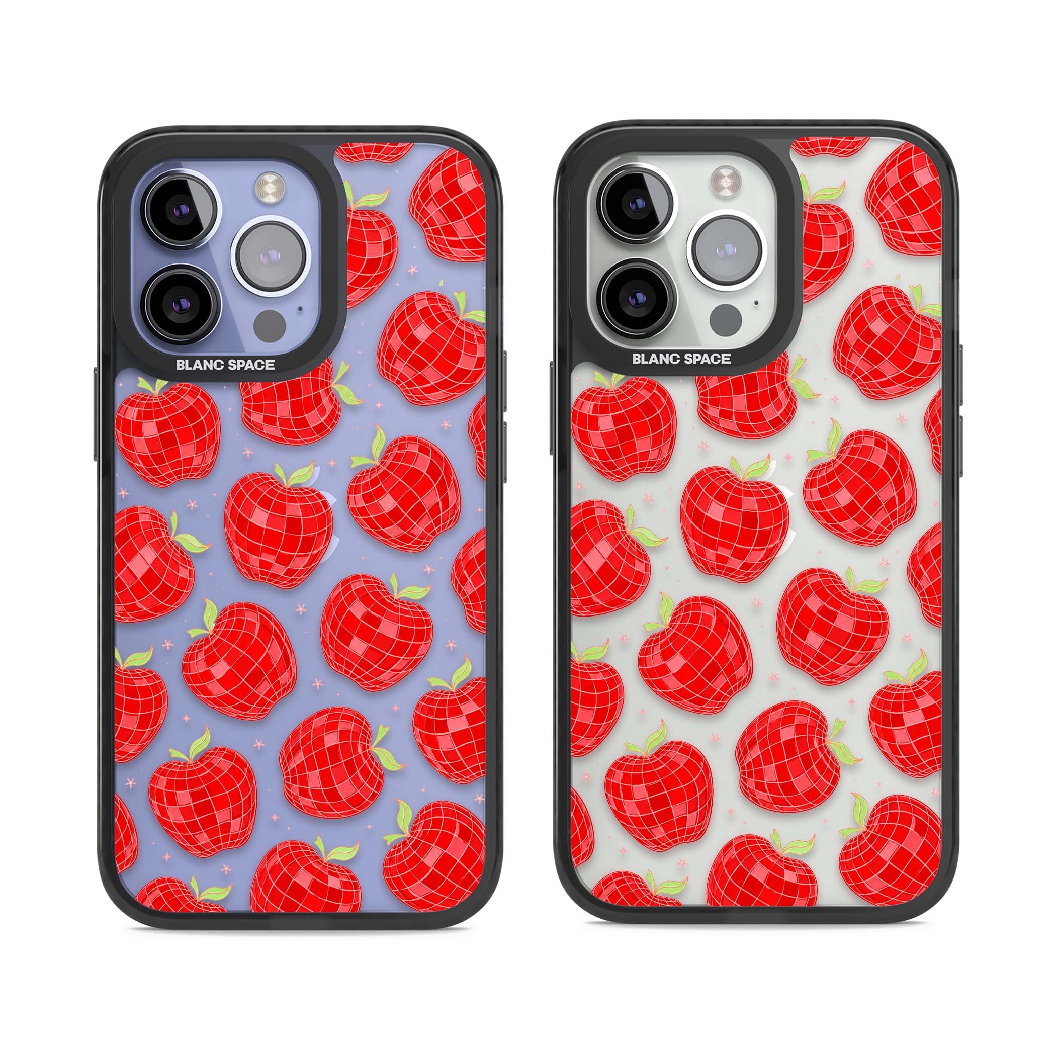 Disco Apples Y2K iPhone case featuring red disco ball apples, green leaves and pink sparkles on clear | Black Impact case for iPhone 13 Pro, iPhone 14 Pro, iPhone 15 Pro