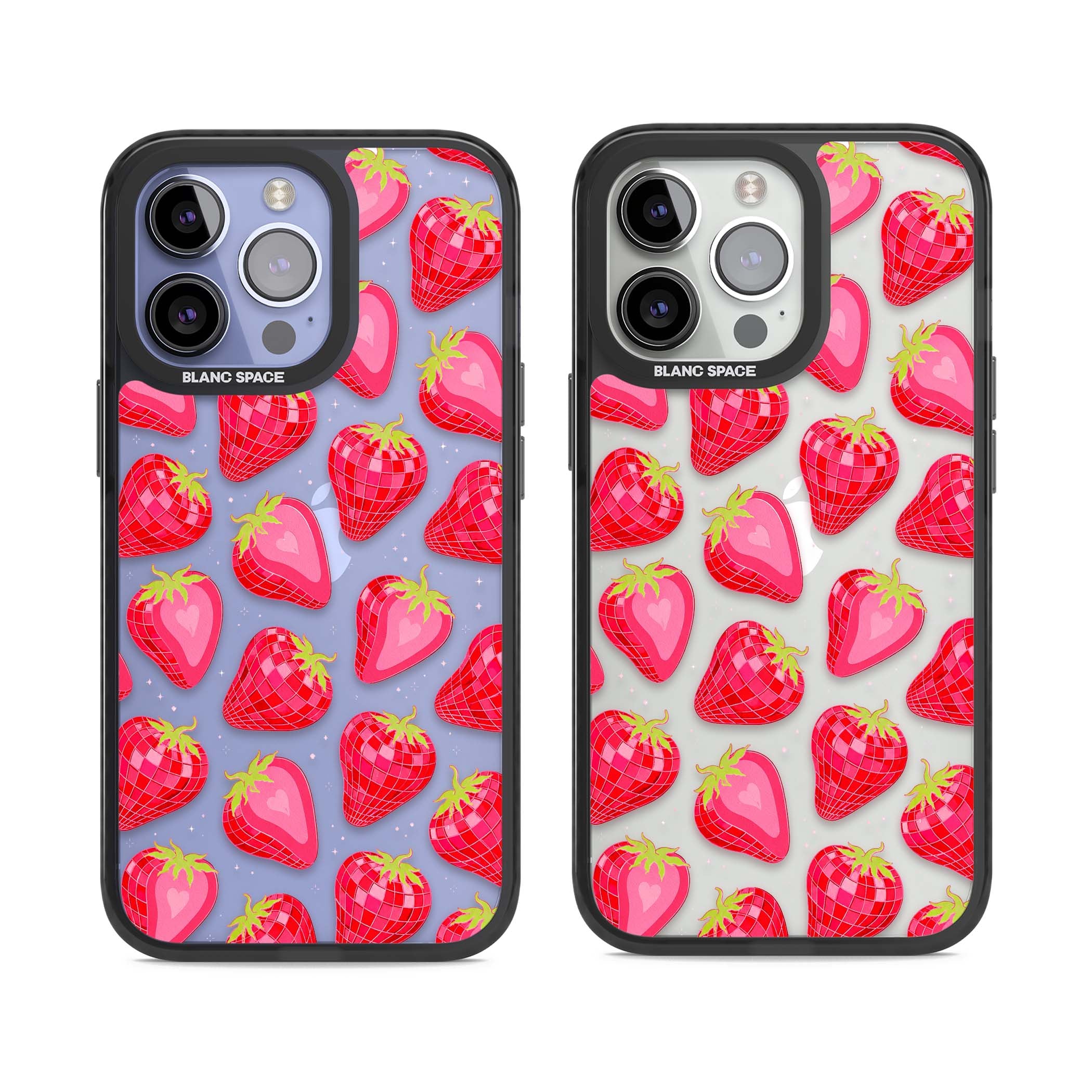 Disco Strawberry Y2K iPhone case featuring pink disco-ball strawberries, green leaves and tiny sparkles | Black Impact case for iPhone 13 Pro, iPhone 14 Pro, iPhone 15 Pro