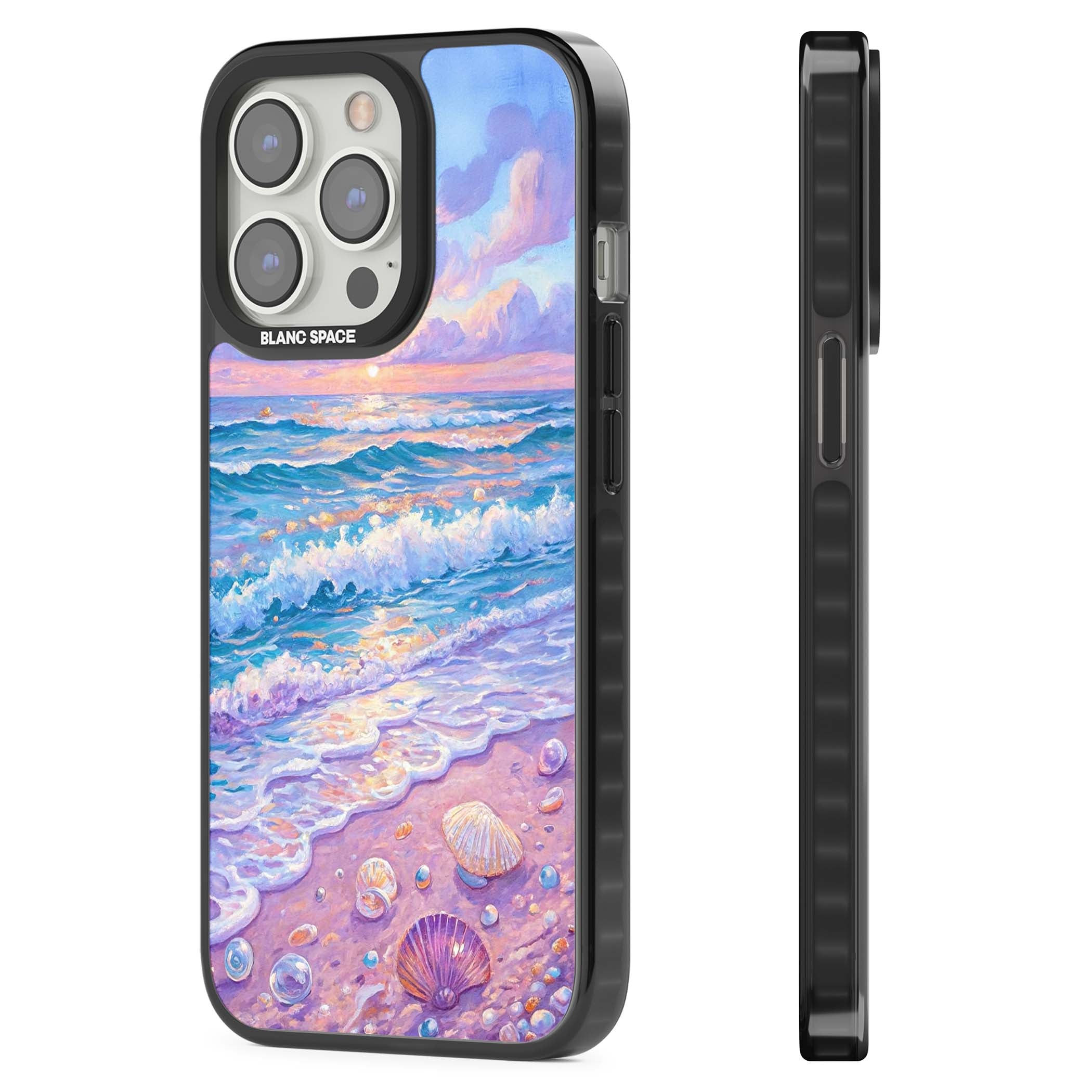 Pearl Shore coastal iPhone case featuring pastel painted waves, seashells, and a sunrise sky over a lavender beach. | Black Impact case for iPhone 13 Pro, iPhone 14 Pro, iPhone 15 Pro