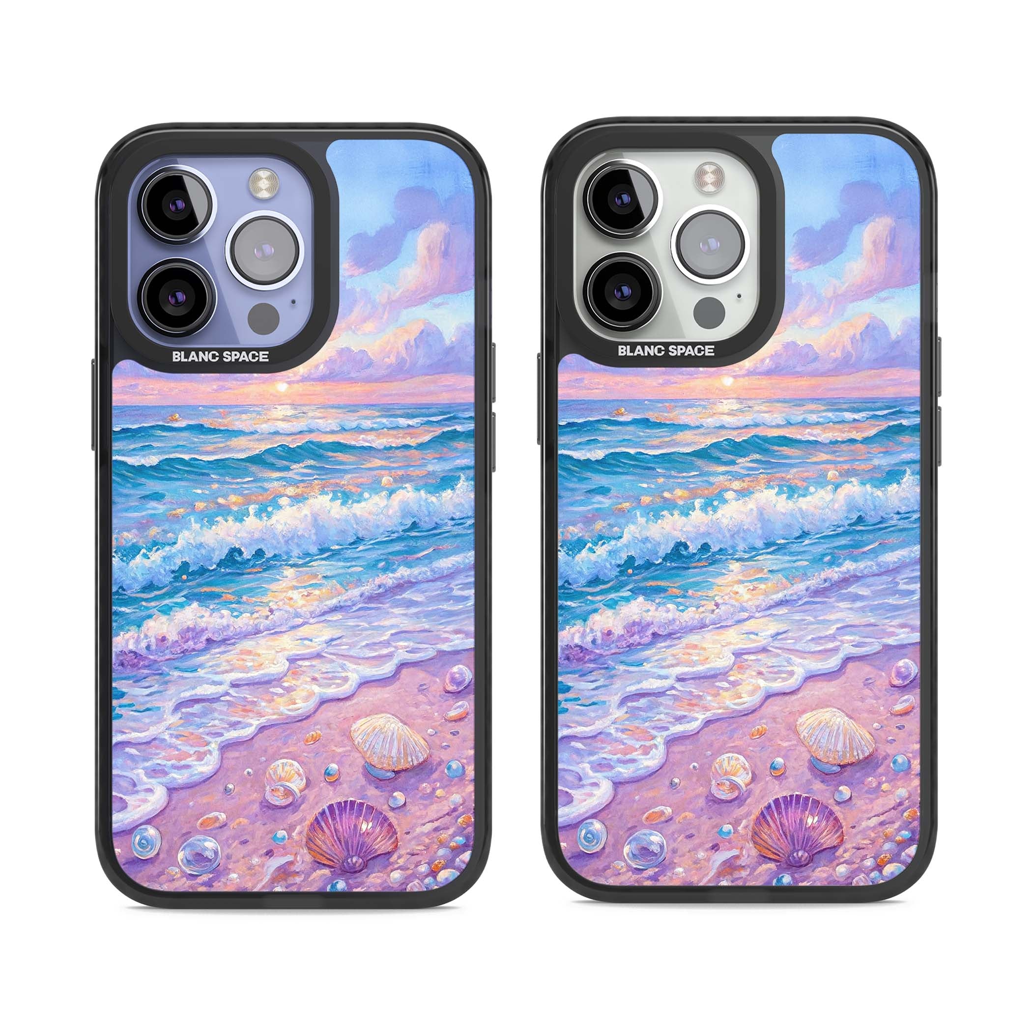 Pearl Shore coastal iPhone case featuring pastel painted waves, seashells, and a sunrise sky over a lavender beach. | Black Impact case for iPhone 13 Pro, iPhone 14 Pro, iPhone 15 Pro