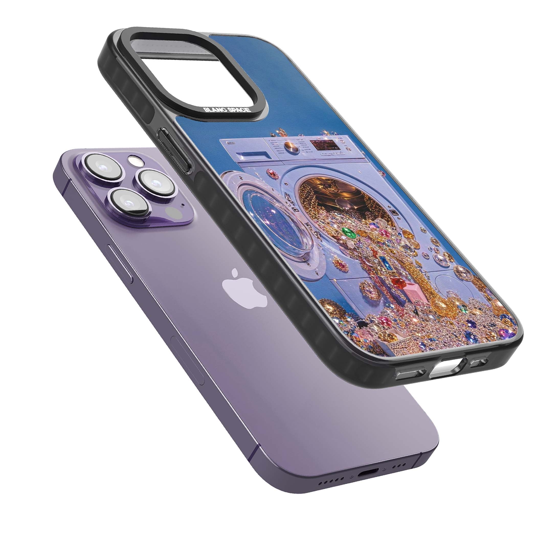 Gem Laundry baddie iPhone case featuring a surreal washing machine overflowing with colourful gemstones and crystals | Black Impact case for iPhone 13 Pro, iPhone 14 Pro, iPhone 15 Pro