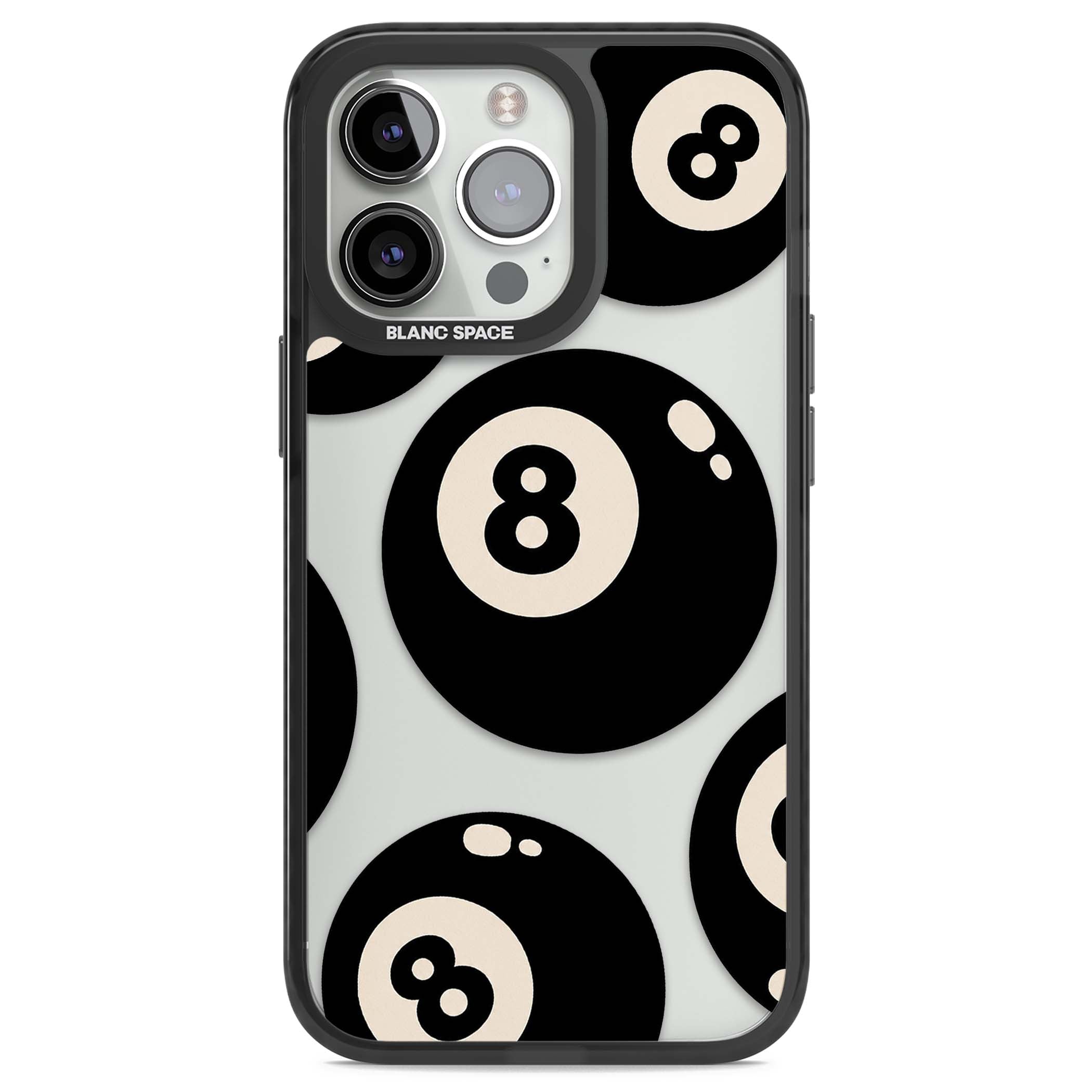 Eights y2k iPhone case featuring scattered black 8 balls with cream highlights on a clear background | Black Impact case for iPhone 13 Pro, iPhone 14 Pro, iPhone 15 Pro