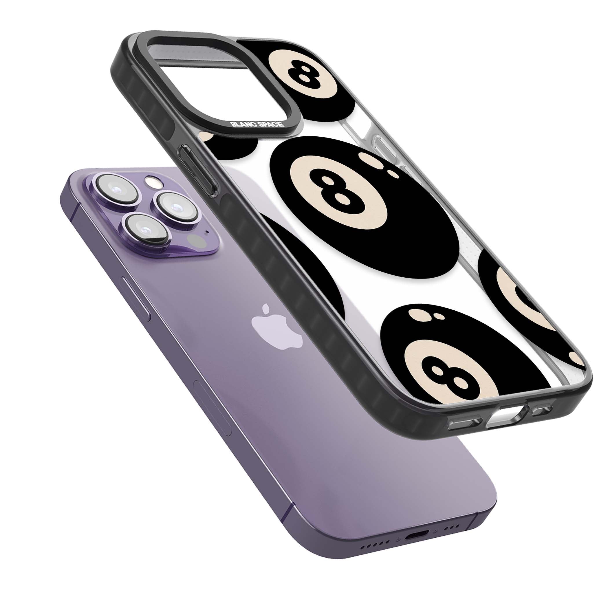 Eights y2k iPhone case featuring scattered black 8 balls with cream highlights on a clear background | Black Impact case for iPhone 13 Pro, iPhone 14 Pro, iPhone 15 Pro