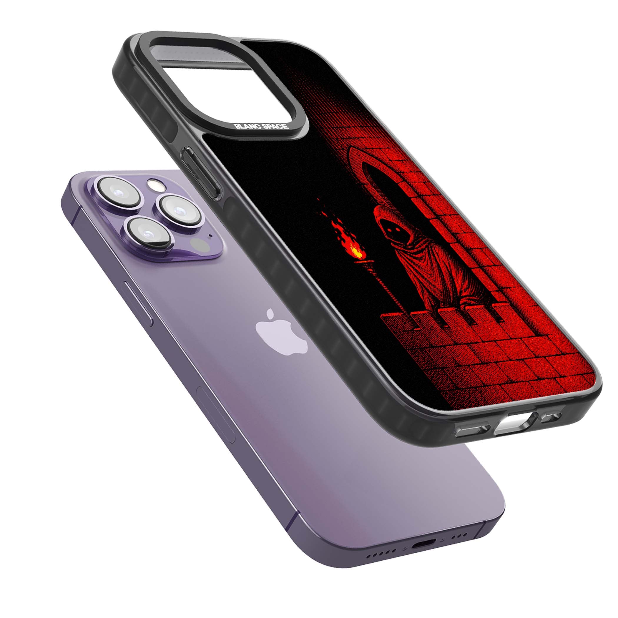 Crimson Crypt gothic iPhone case featuring a hooded reaper, torchlit crypt archway and red halftone horror art | Black Impact case for iPhone 13 Pro, iPhone 14 Pro, iPhone 15 Pro