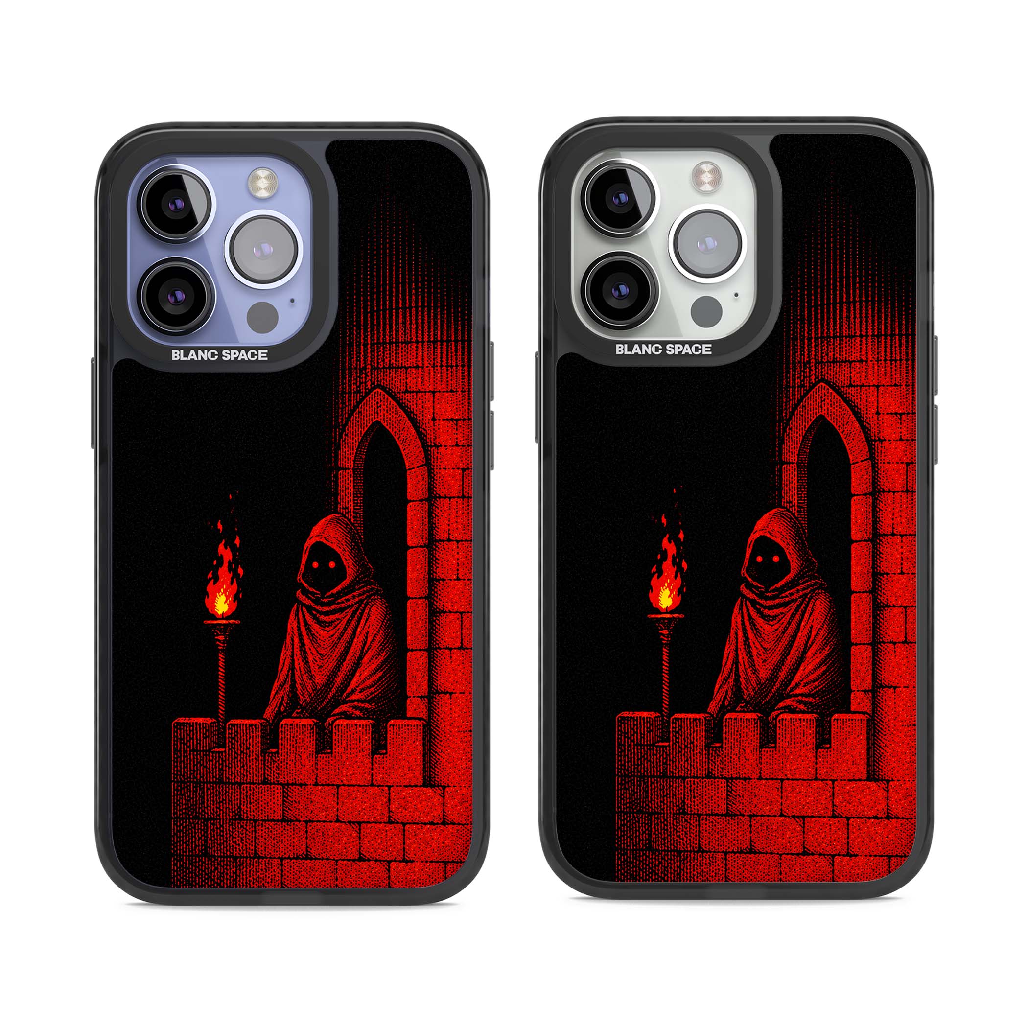 Crimson Crypt gothic iPhone case featuring a hooded reaper, torchlit crypt archway and red halftone horror art | Black Impact case for iPhone 13 Pro, iPhone 14 Pro, iPhone 15 Pro