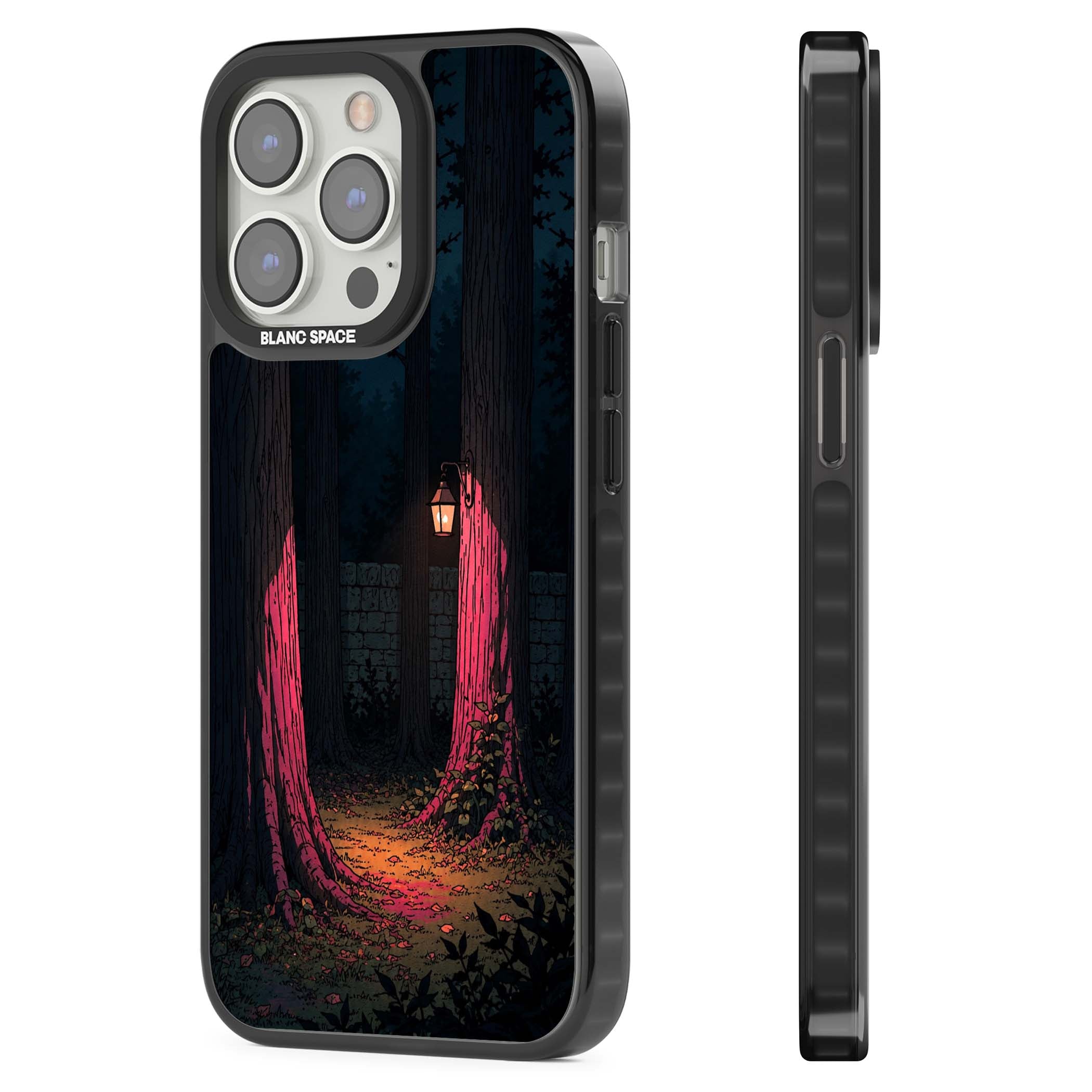 Forest Lantern dark academia iPhone case featuring a moonlit forest, glowing lantern, and stone wall pathway | Black Impact case for iPhone 13 Pro, iPhone 14 Pro, iPhone 15 Pro