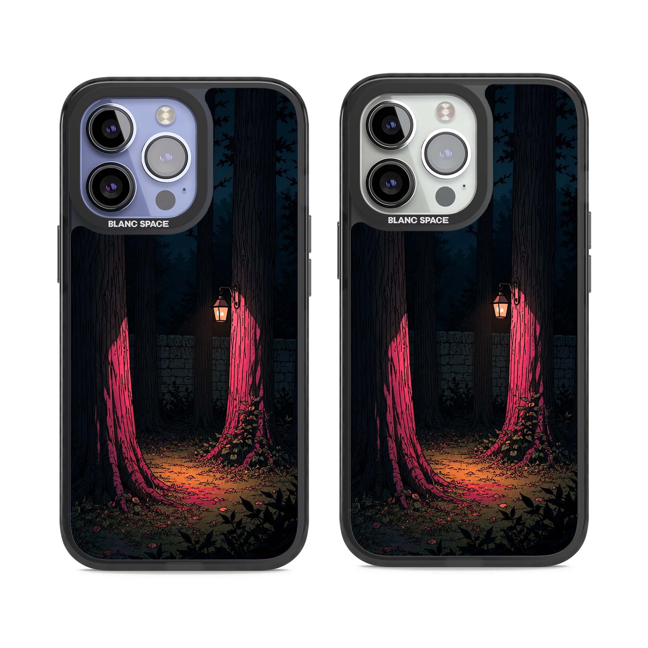 Forest Lantern dark academia iPhone case featuring a moonlit forest, glowing lantern, and stone wall pathway | Black Impact case for iPhone 13 Pro, iPhone 14 Pro, iPhone 15 Pro