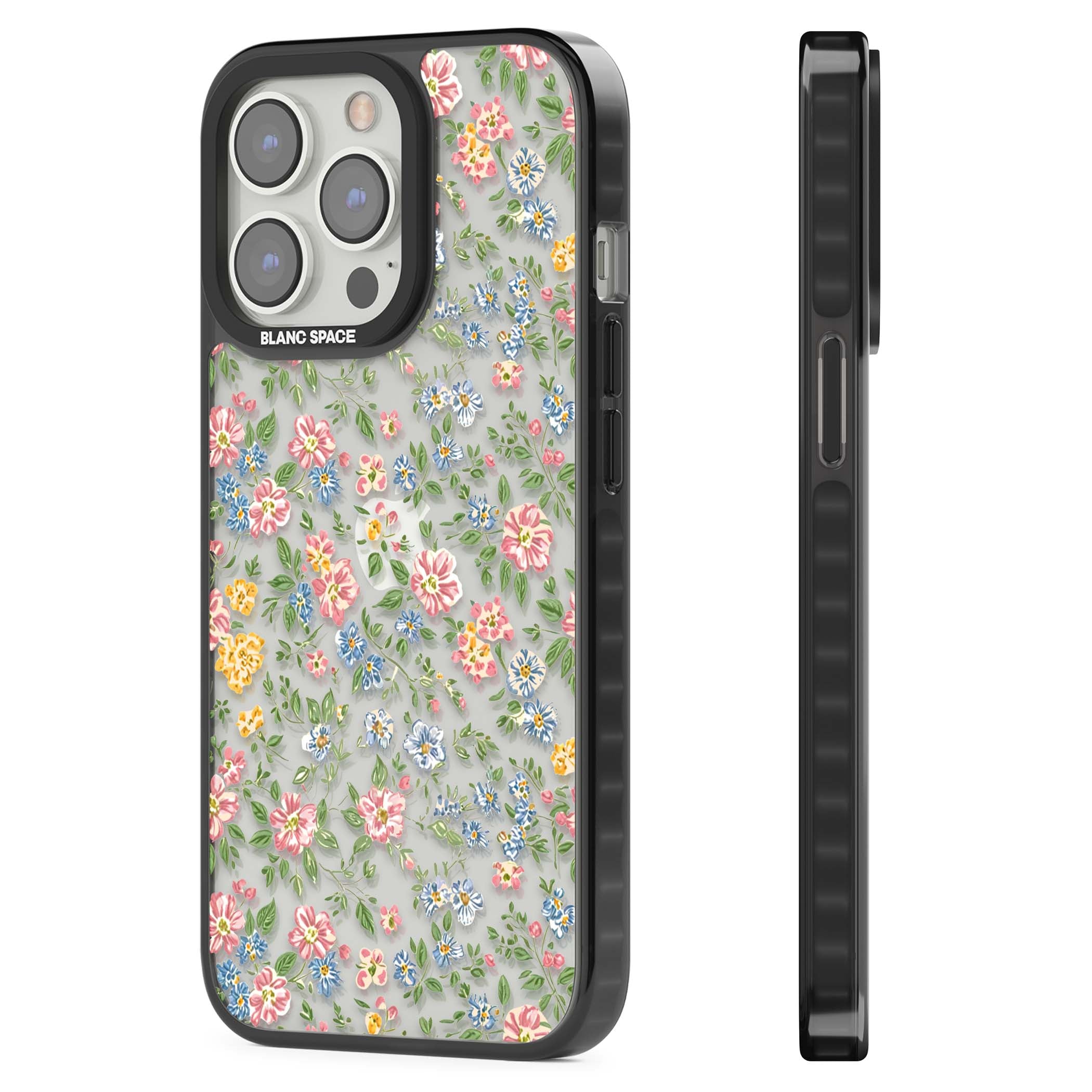 Soft Meadow cottagecore iPhone case featuring pink cosmos, blue forget-me-nots, yellow buttercups and green leaves sca | Black Impact case for iPhone 13 Pro, iPhone 14 Pro, iPhone 15 Pro