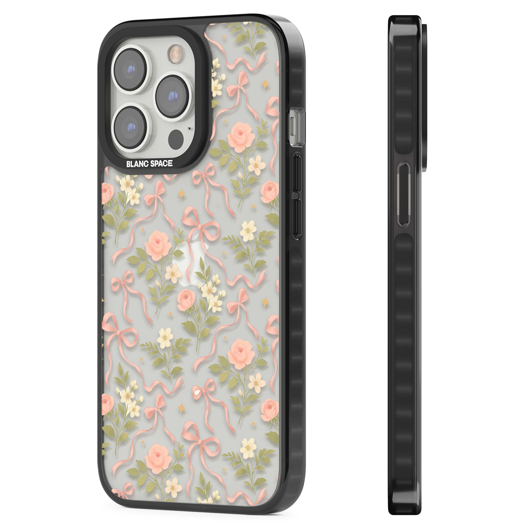 Ribbon Garden coquette iPhone case featuring pink bows, peach roses and wildflowers on white background | Black Impact case for iPhone 13 Pro, iPhone 14 Pro, iPhone 15 Pro
