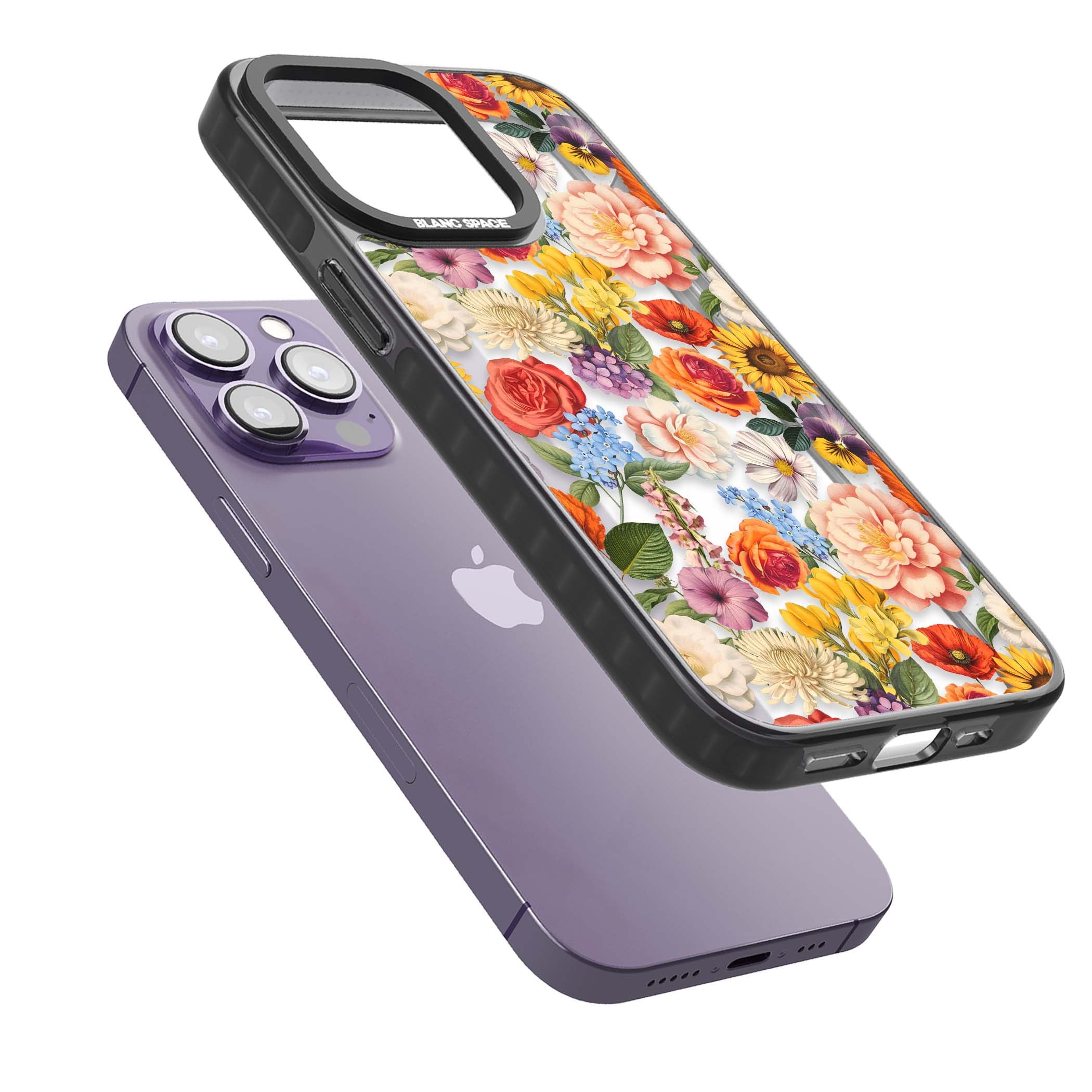 Bloom Basket floral iPhone case featuring cottage garden flowers including peonies, sunflowers, and wildflowers in pastel col | Black Impact case for iPhone 13 Pro, iPhone 14 Pro, iPhone 15 Pro