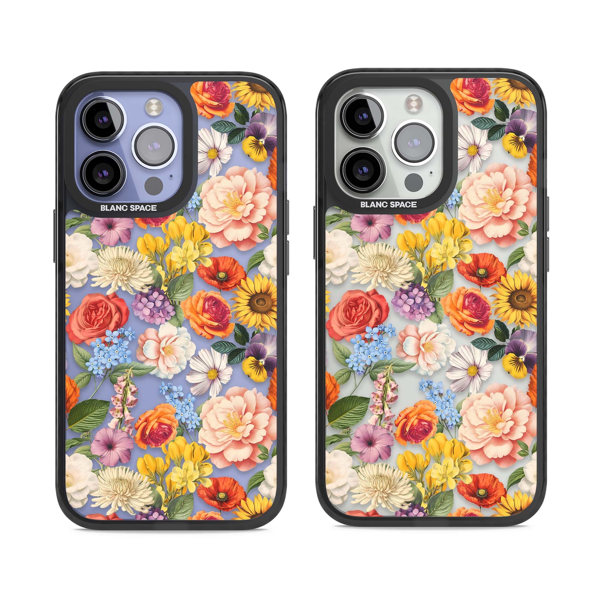 Bloom Basket floral iPhone case featuring cottage garden flowers including peonies, sunflowers, and wildflowers in pastel col | Black Impact case for iPhone 13 Pro, iPhone 14 Pro, iPhone 15 Pro